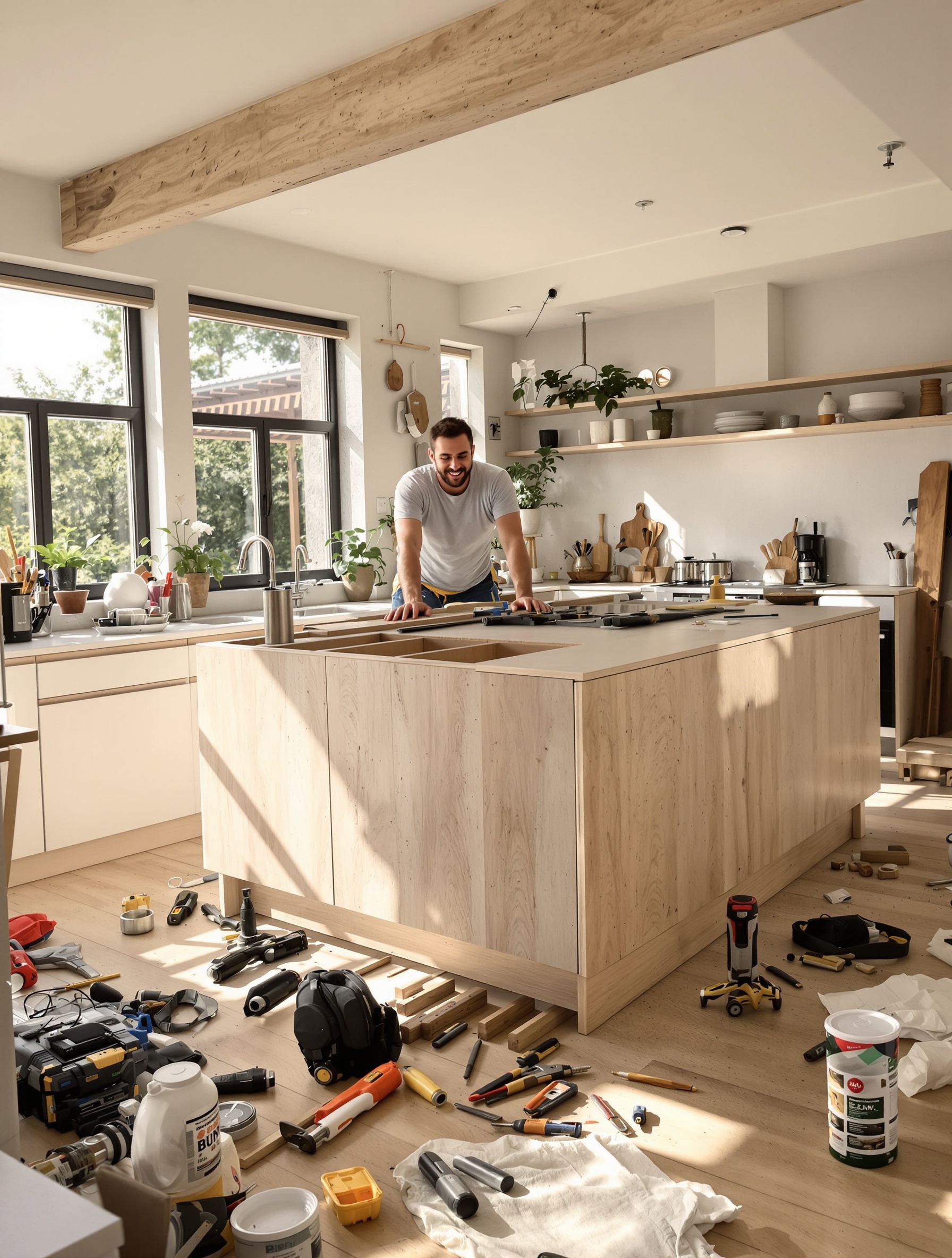 Un bricoleur souriant finalisant son îlot central dans une cuisine ouverte et conviviale