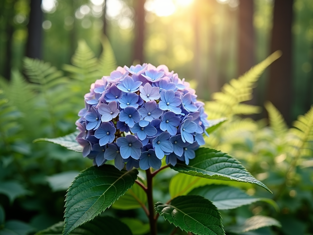 Hortensia en mi-ombre avec soleil doux du matin