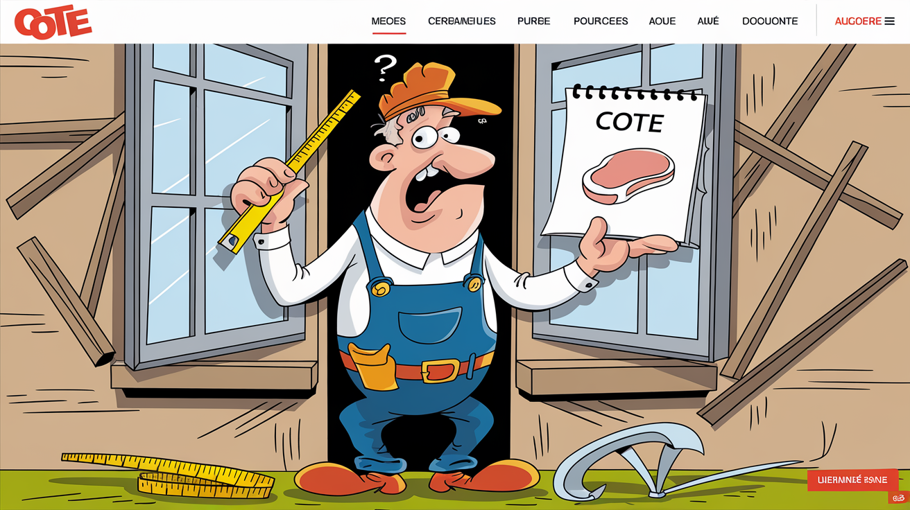 Un bricoleur confus avec un ruban-mètre devant des menuiseries mal ajustées.