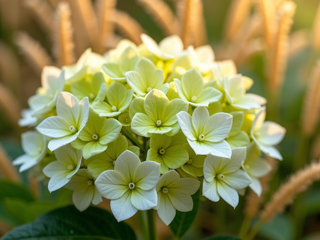 Hydrangea paniculata Limelight en floraison automnale avec des graminées