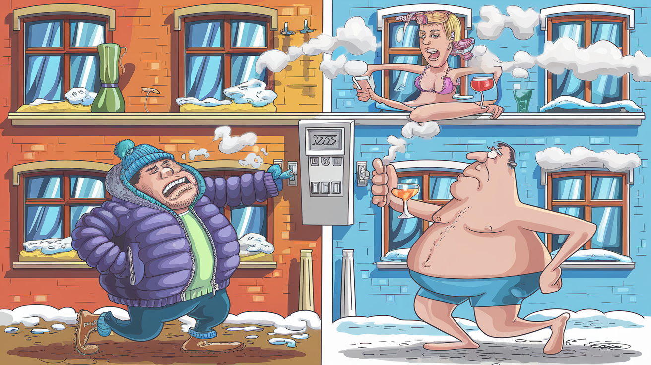 Illustration humoristique : coupe d’immeuble en hiver avec habitants grelottant en bas et en short cocktail en haut.