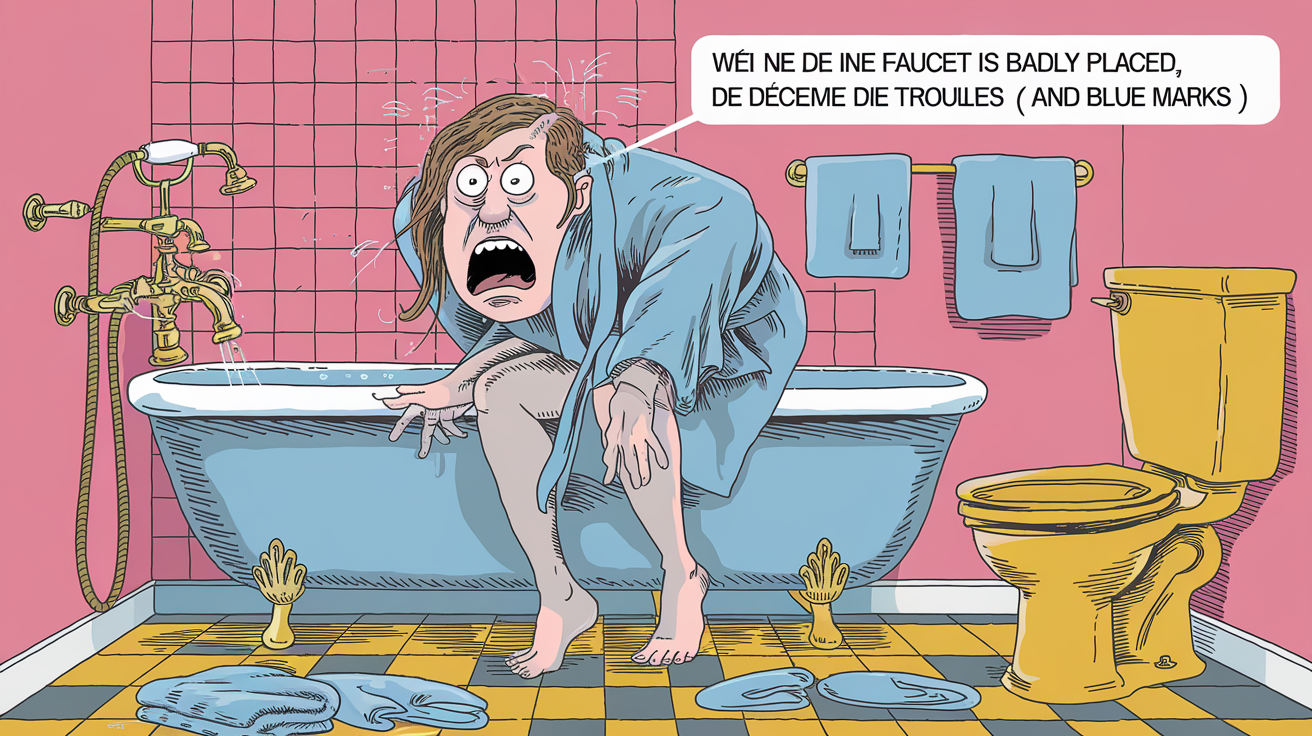 Illustration humoristique d'une personne se cognant la tête contre un robinet de baignoire trop bas, ou d'une salle de bain avec un robinet de baignoire mal positionné, soulignant les problèmes ergonomiques.