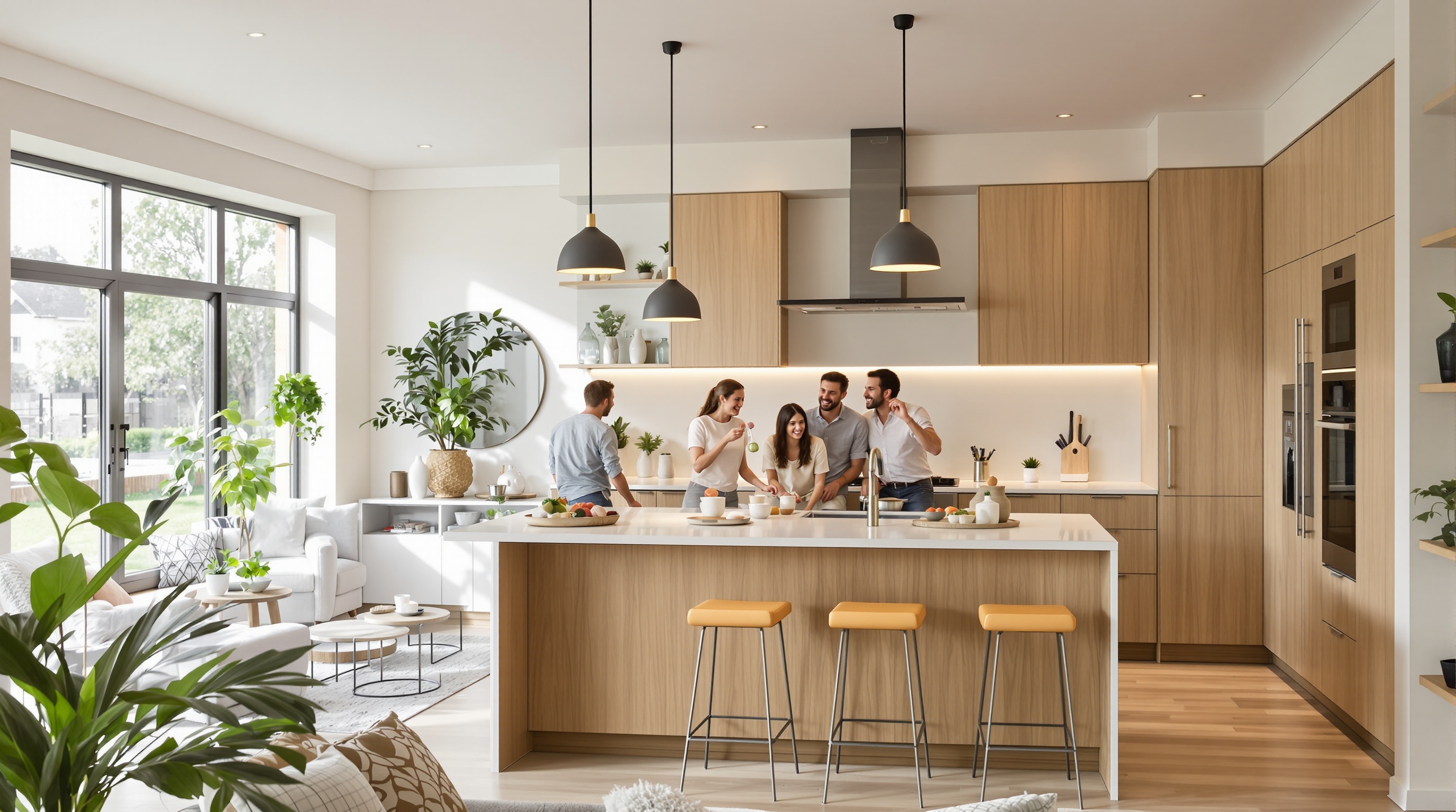 Îlot central design et convivial dans une cuisine ouverte sur le salon.