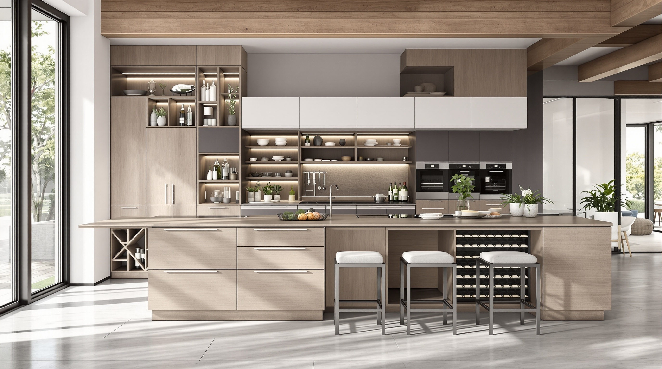 Îlot central contemporain avec rangements intégrés, évier encastré et coin bar avec tabourets hauts