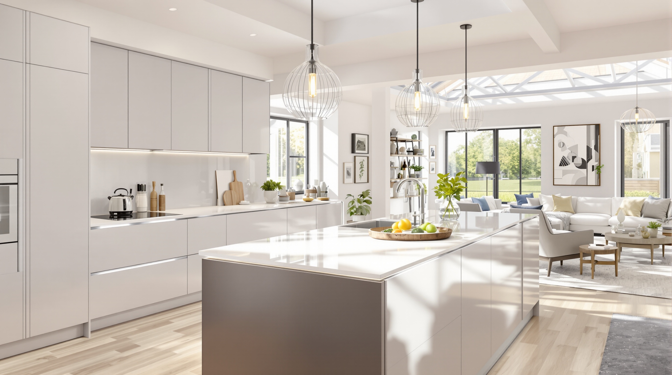 Îlot central moderne et épuré dans une cuisine ouverte lumineuse.