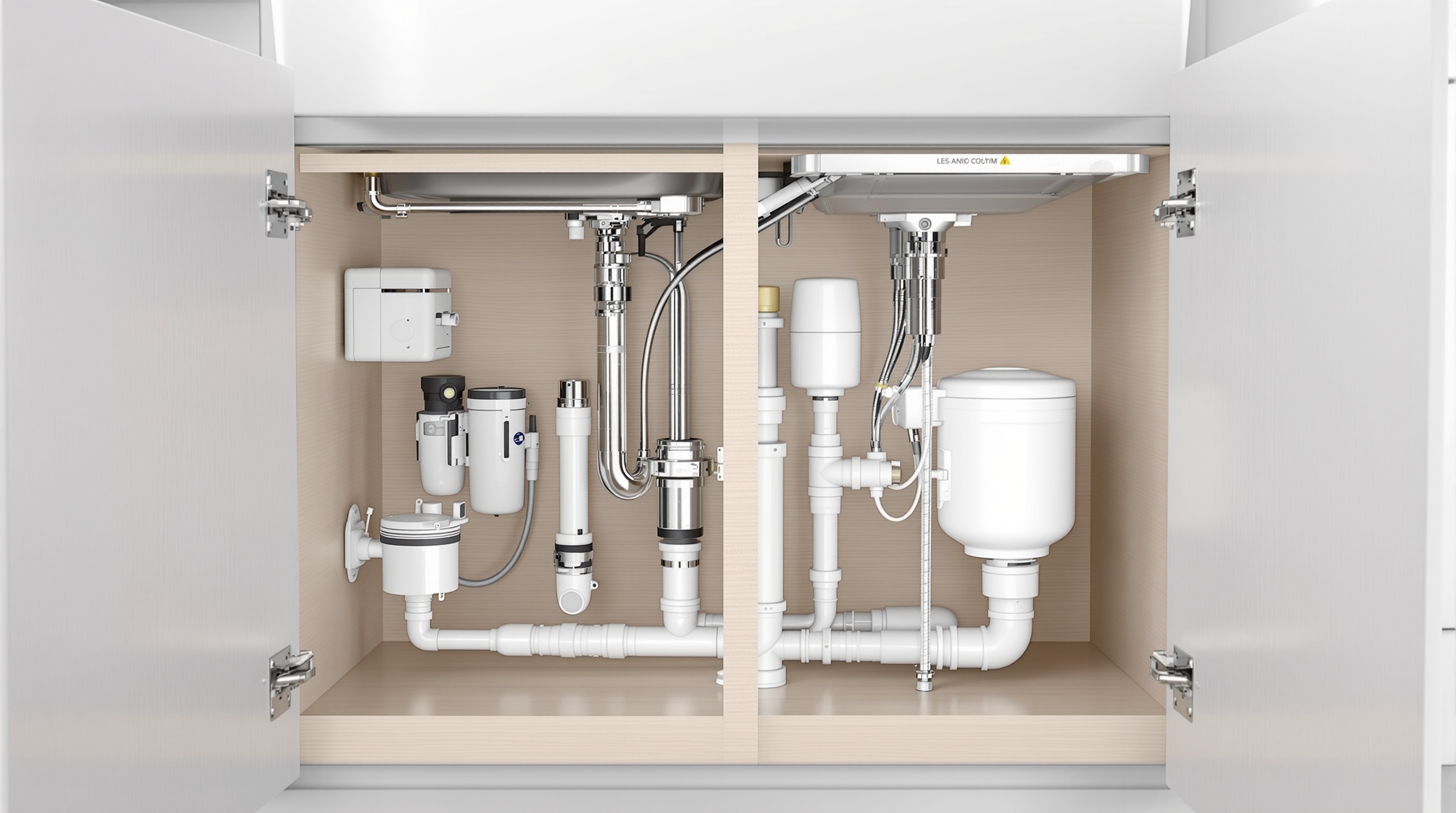 Exemple d'installation optimisée sous un évier de cuisine avec siphon compact, espace libre autour du filtre à eau et rangement malin.