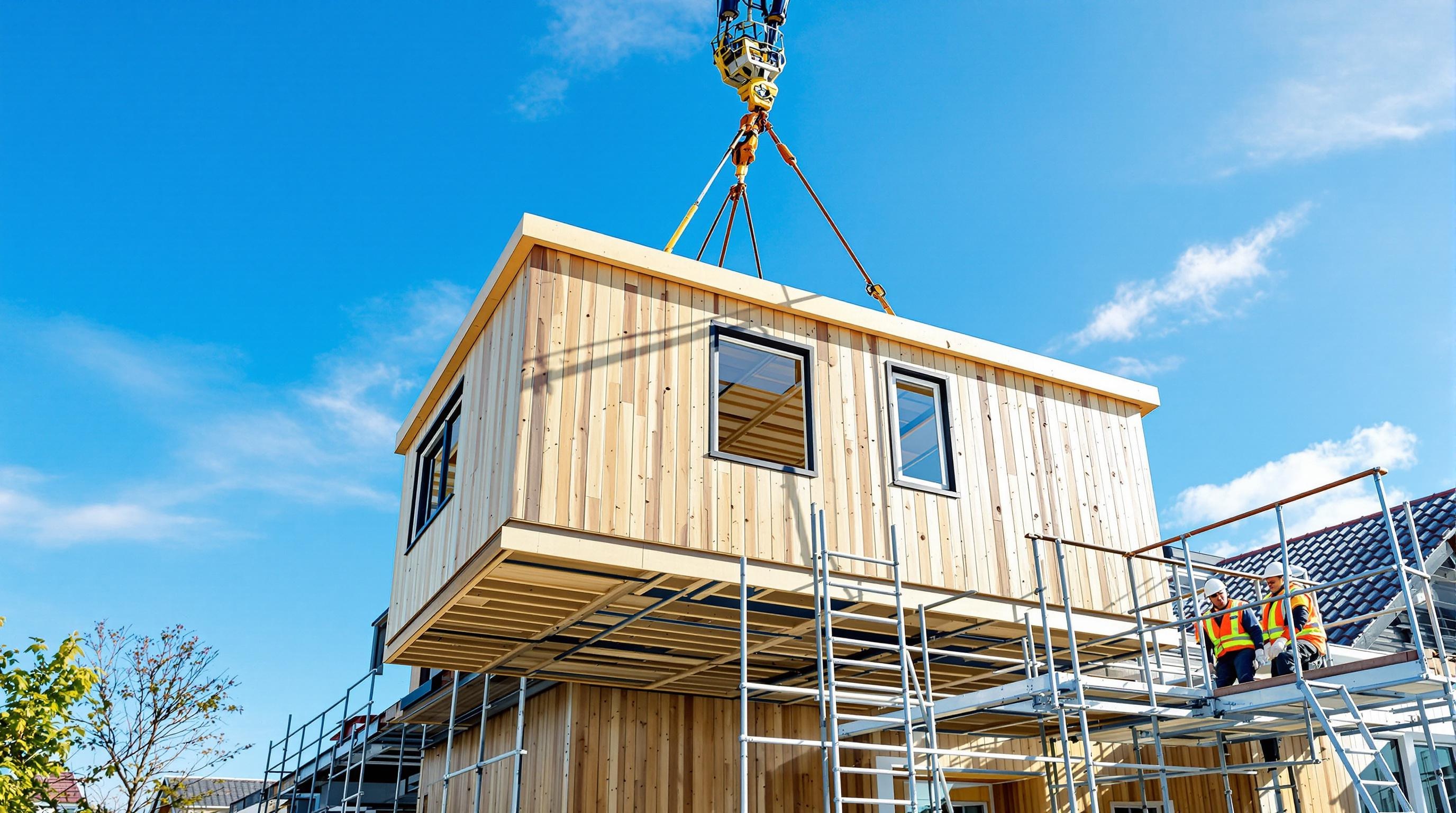 Module UPTIMA installé sur une maison existante sous un ciel bleu, avec une équipe de levage