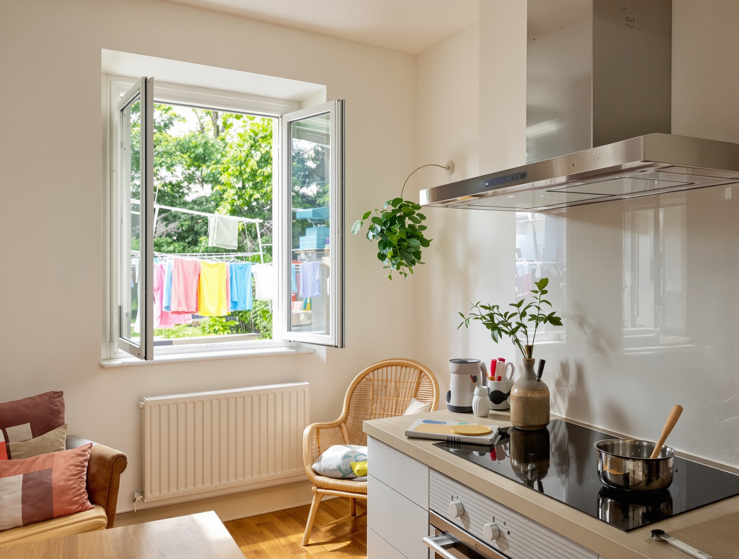 Gestes simples pour éviter l’humidité : fenêtre entrouverte, hotte active, linge dehors.