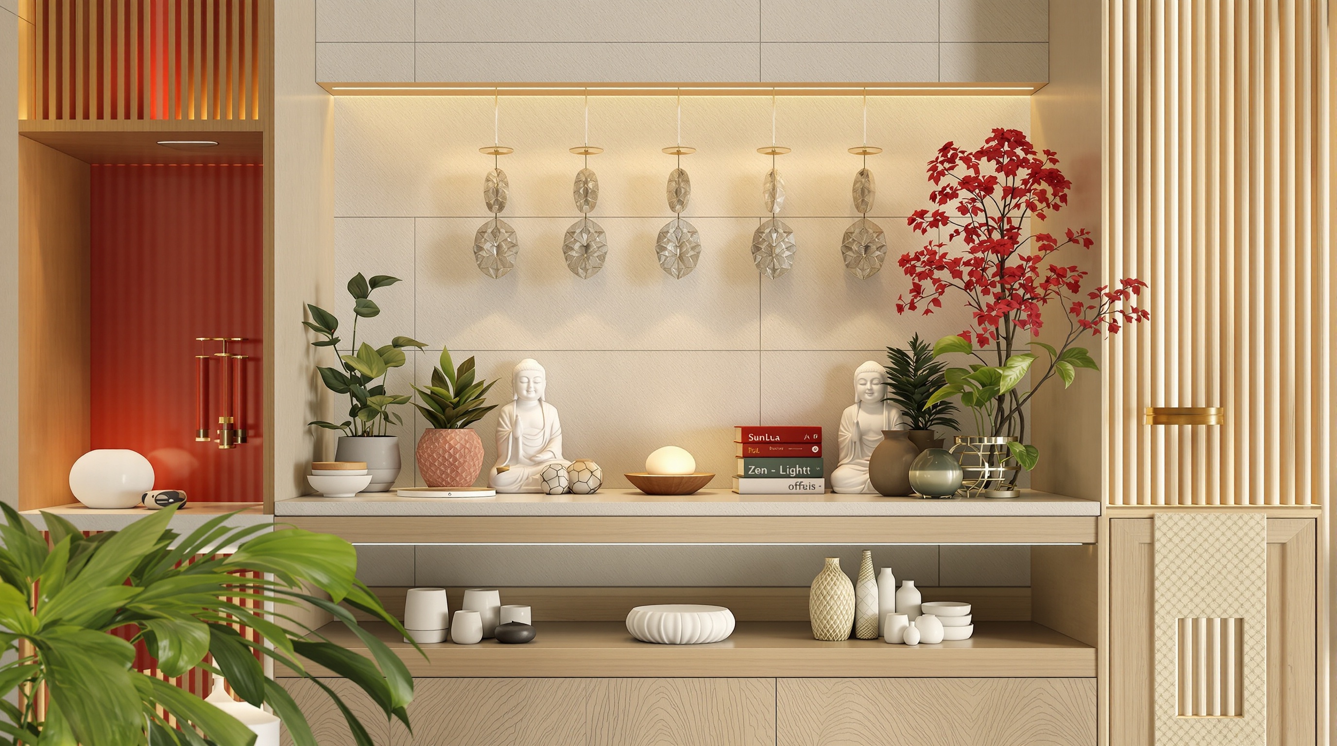 Intérieur moderne décoré Feng Shui avec Bouddha Rieur, matières naturelles et couleurs zen.