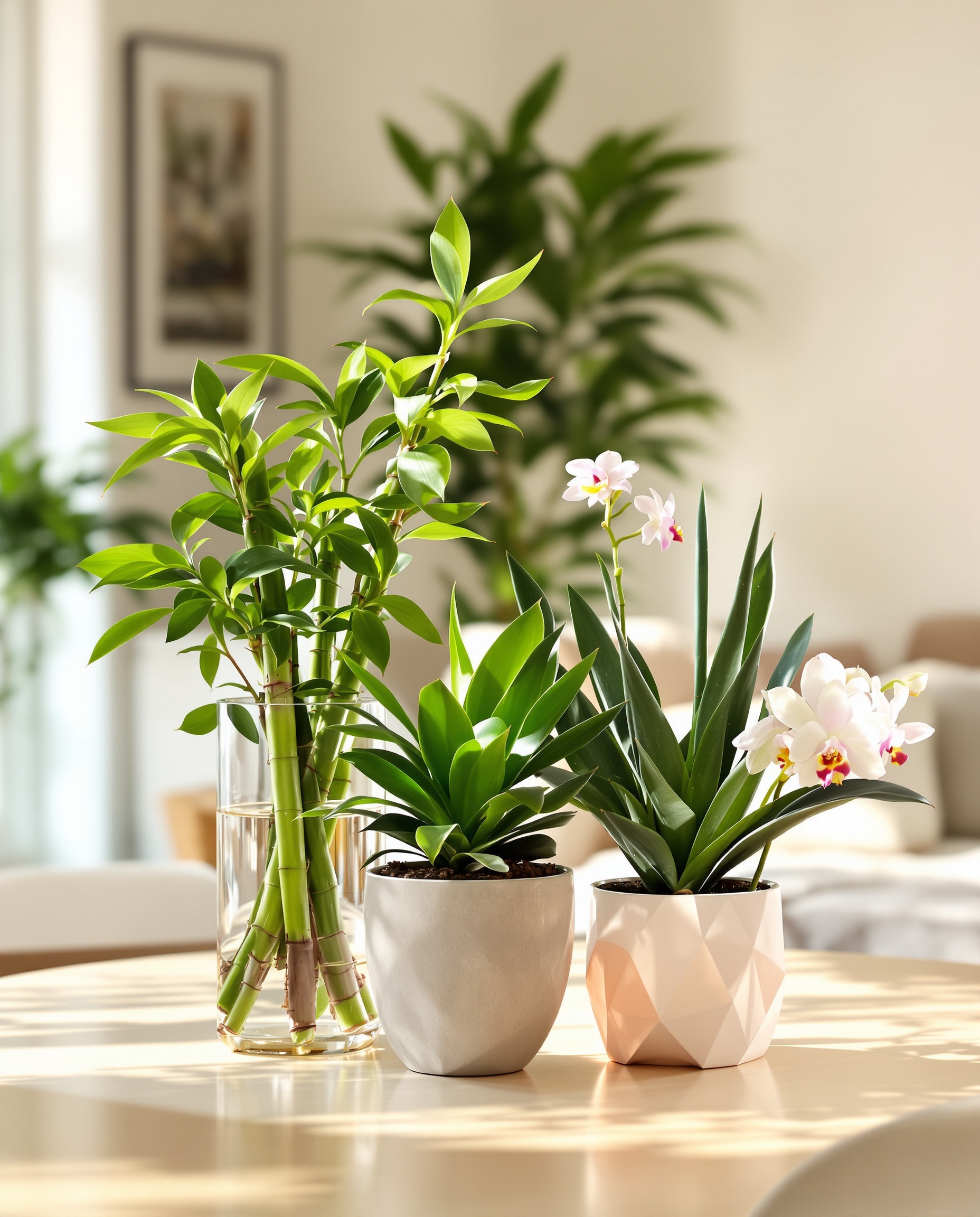 Intérieur moderne avec Lucky Bamboo, Pilea, Aloe Vera et orchidées florissantes sur une table lumineuse.