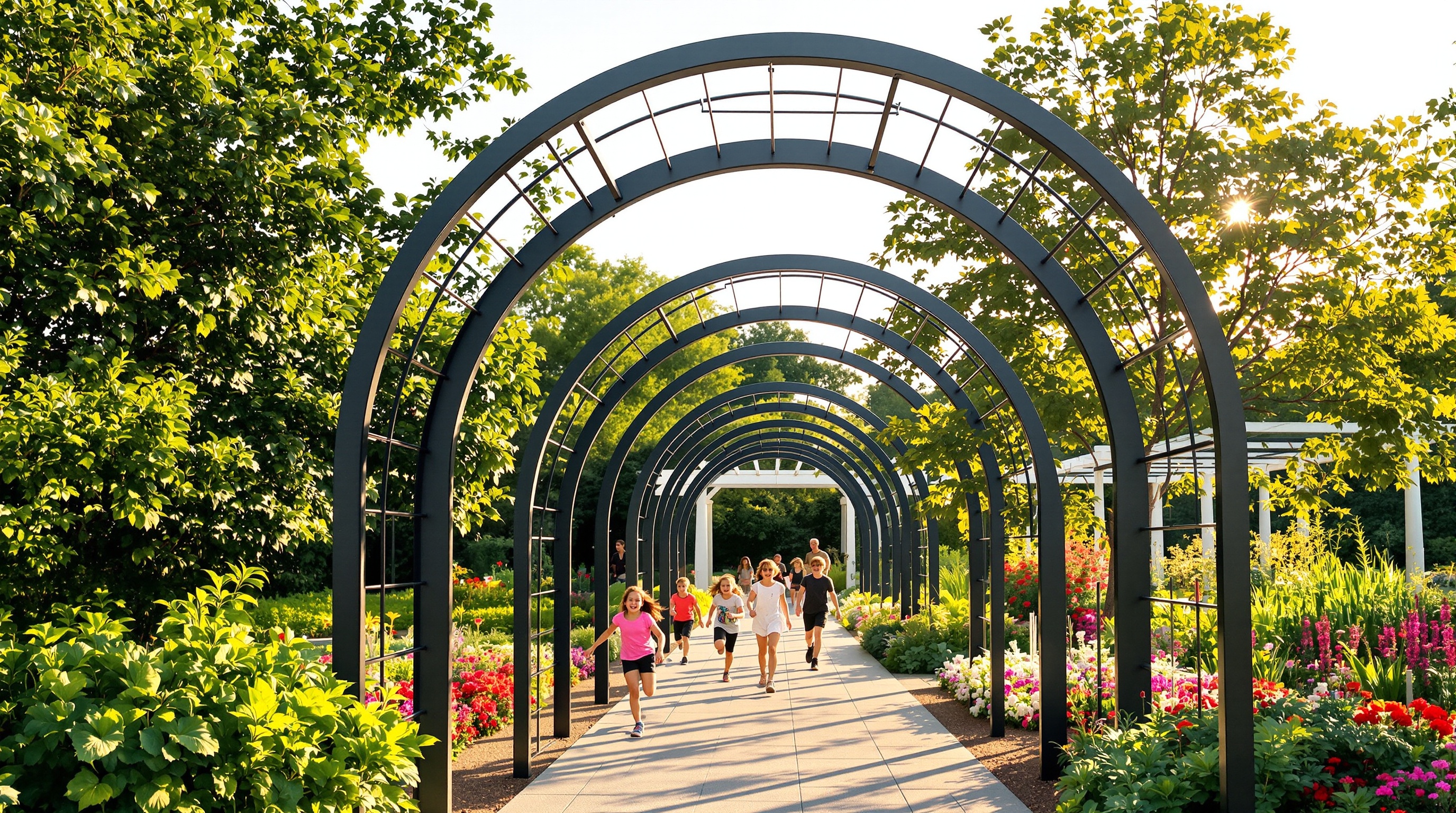 Jardin moderne avec arches métalliques noires alignées vers potager fleuri, pergola en fond et enfants jouant sous une arche.