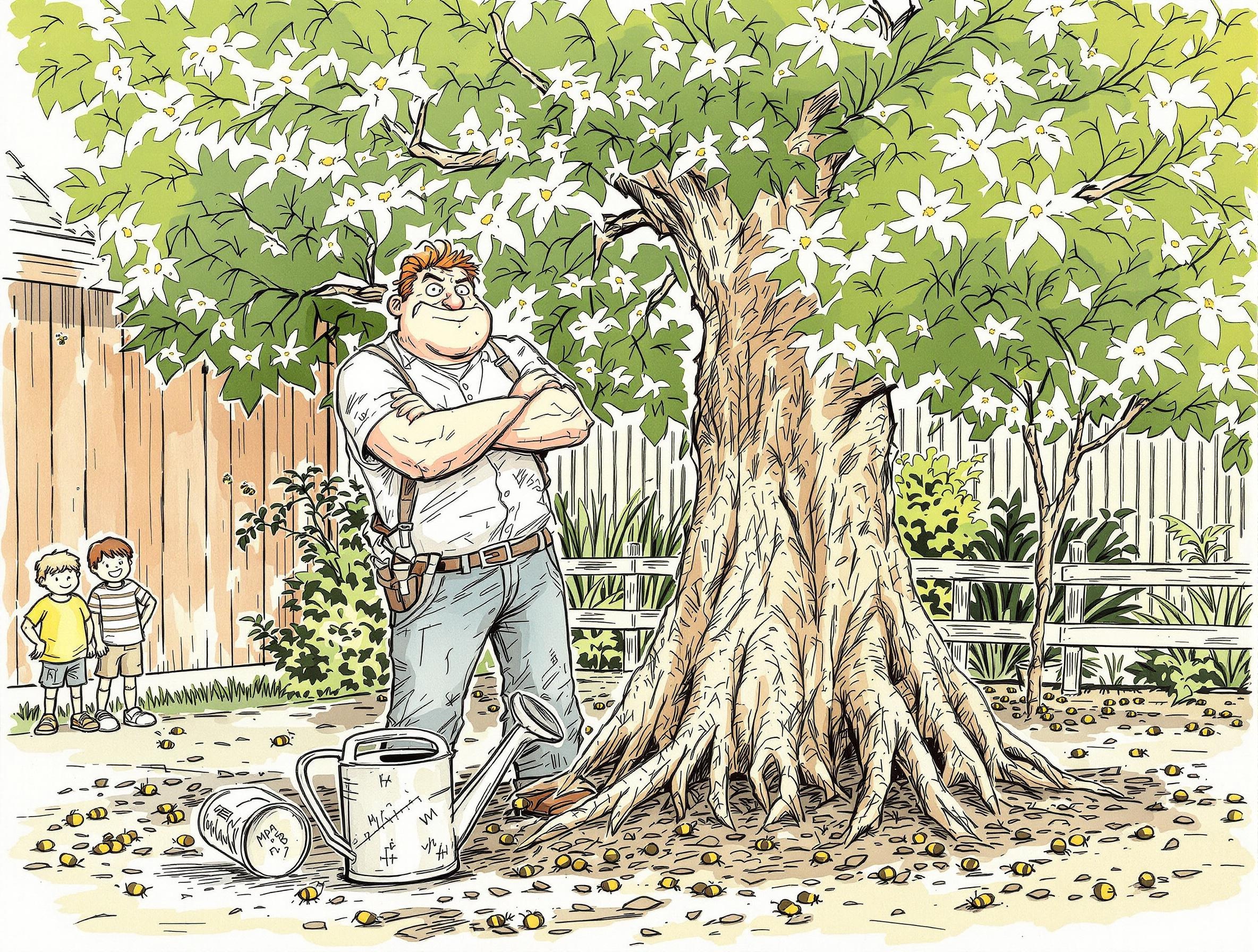 Un jardinier devant un Albizia