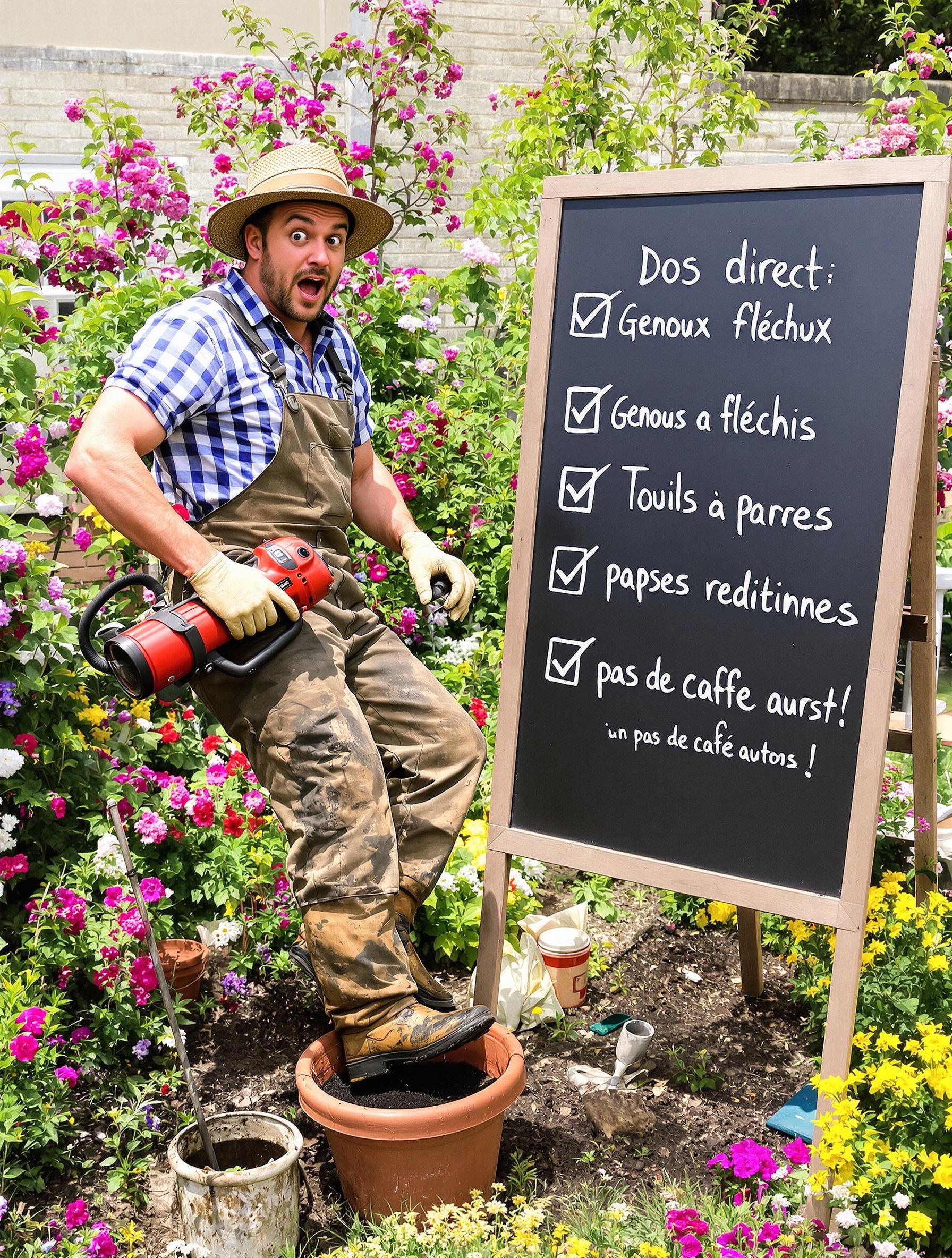 Jardinier utilisant un désherbeur thermique avec une check-list pour protéger son dos