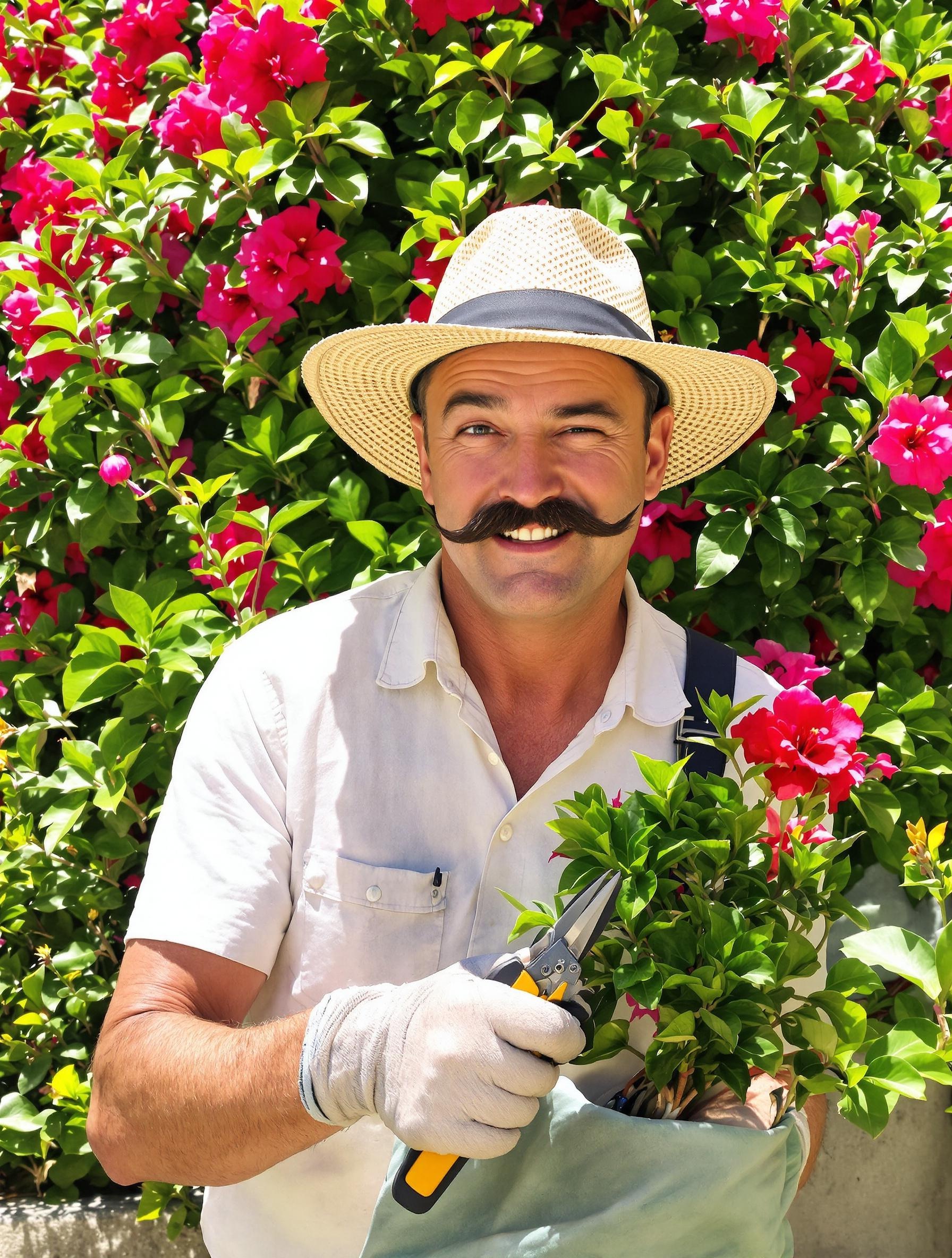 Jardinier méditerranéen moustachu avec un sécateur devant un laurier-rose fraîchement taillé.
