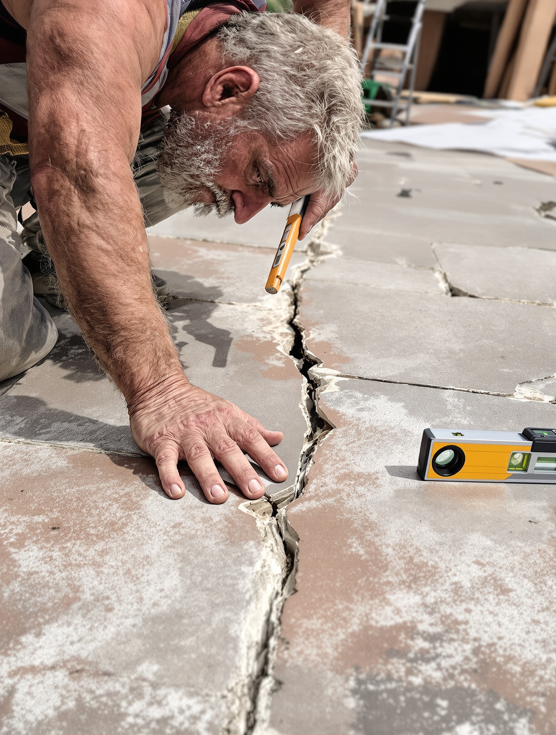 maçon expérimenté fixant un carrelage fissuré sur joint de dilatation