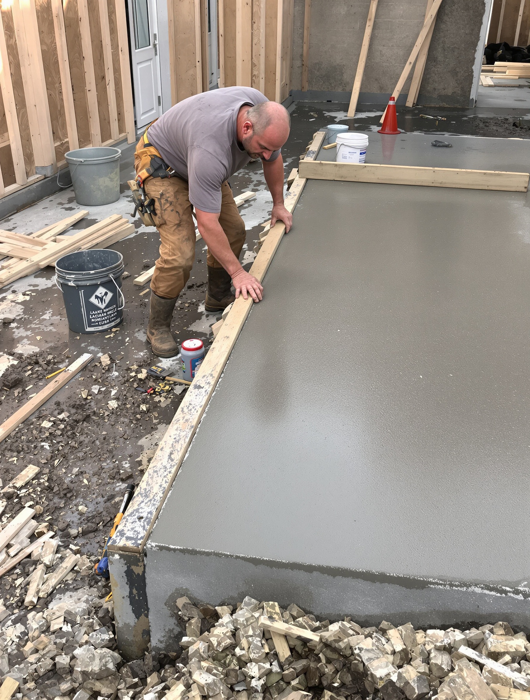 Maçon retirant les planches de coffrage autour d’une dalle béton – outils posés à la va-vite en arrière-plan.