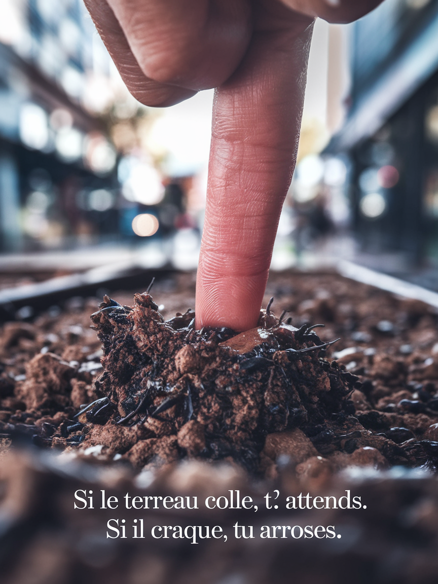 Photo macro d’un doigt plongé dans un terreau de pélargonium, légende : 'Si le terreau colle, t’attends. S’il craque, tu arroses.'