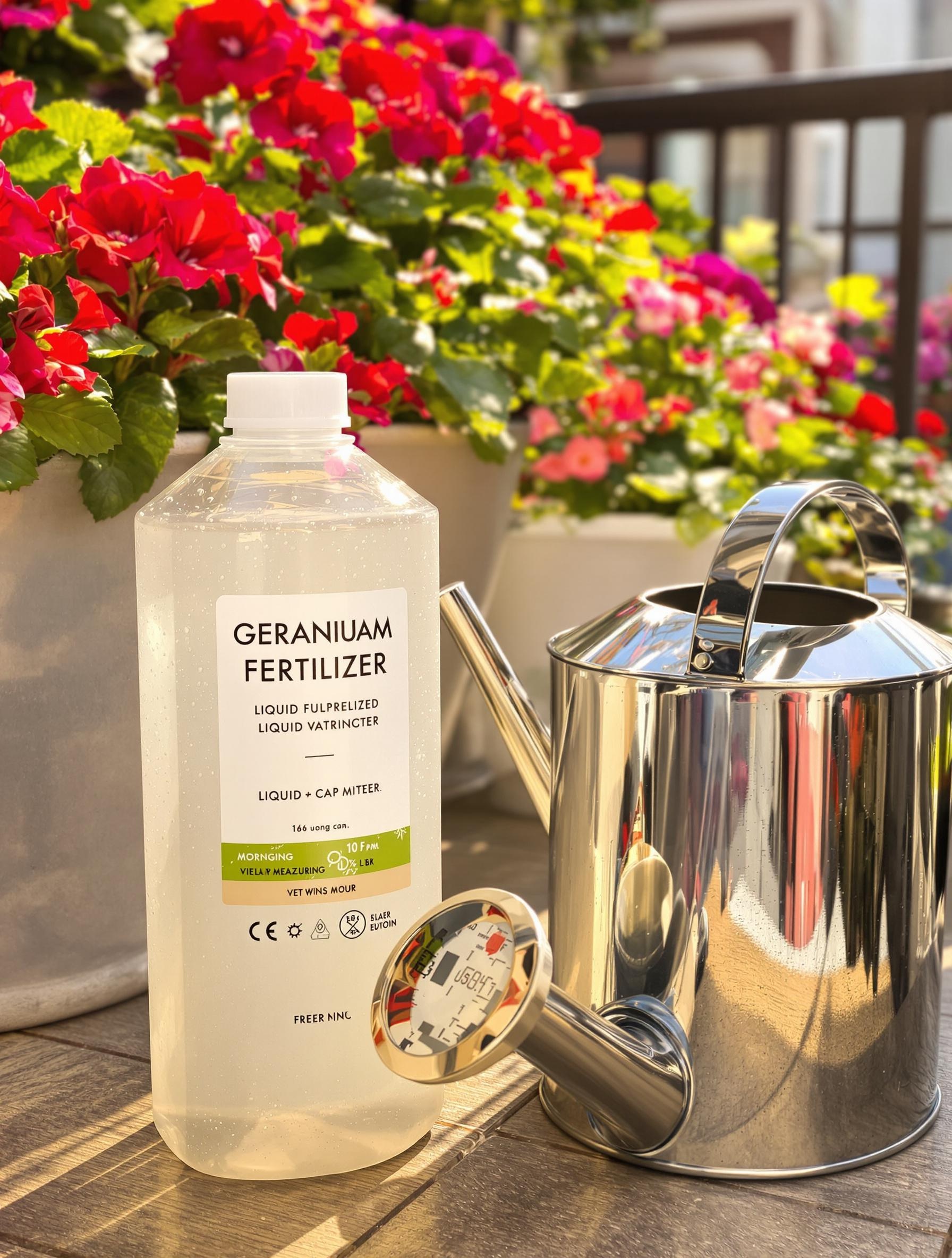 Engrais liquide pour géranium avec bouchon doseur, posé sur un balcon urbain fleuri.