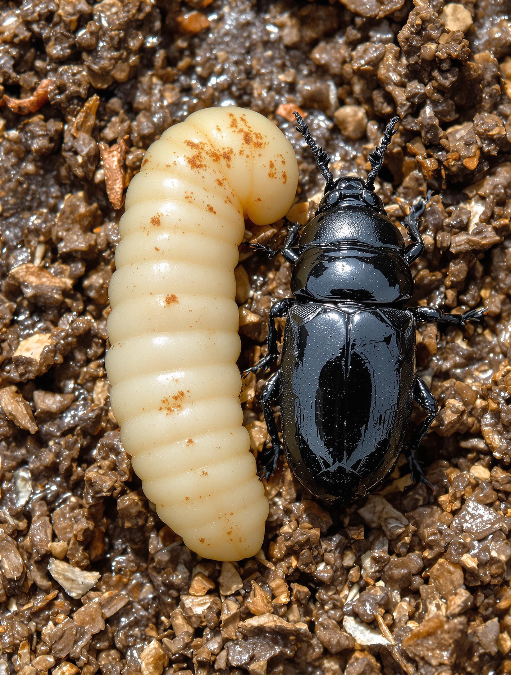 Photo macro montrant une larve blanchâtre en forme de C à côté d’un hanneton noir adulte sur sol humide