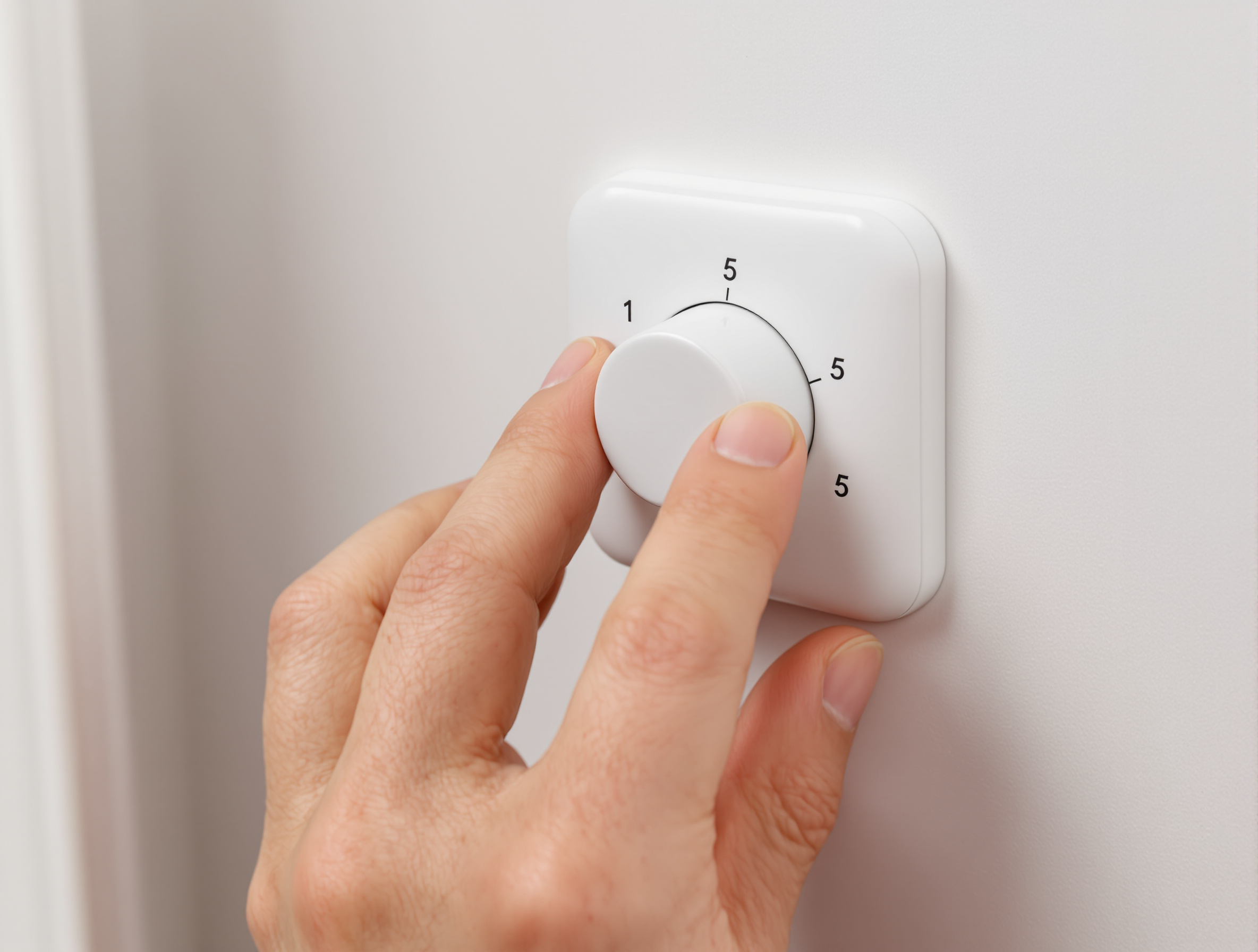 Gros plan sur une main tournant un robinet thermostatique sur un radiateur, chiffres bien visibles.