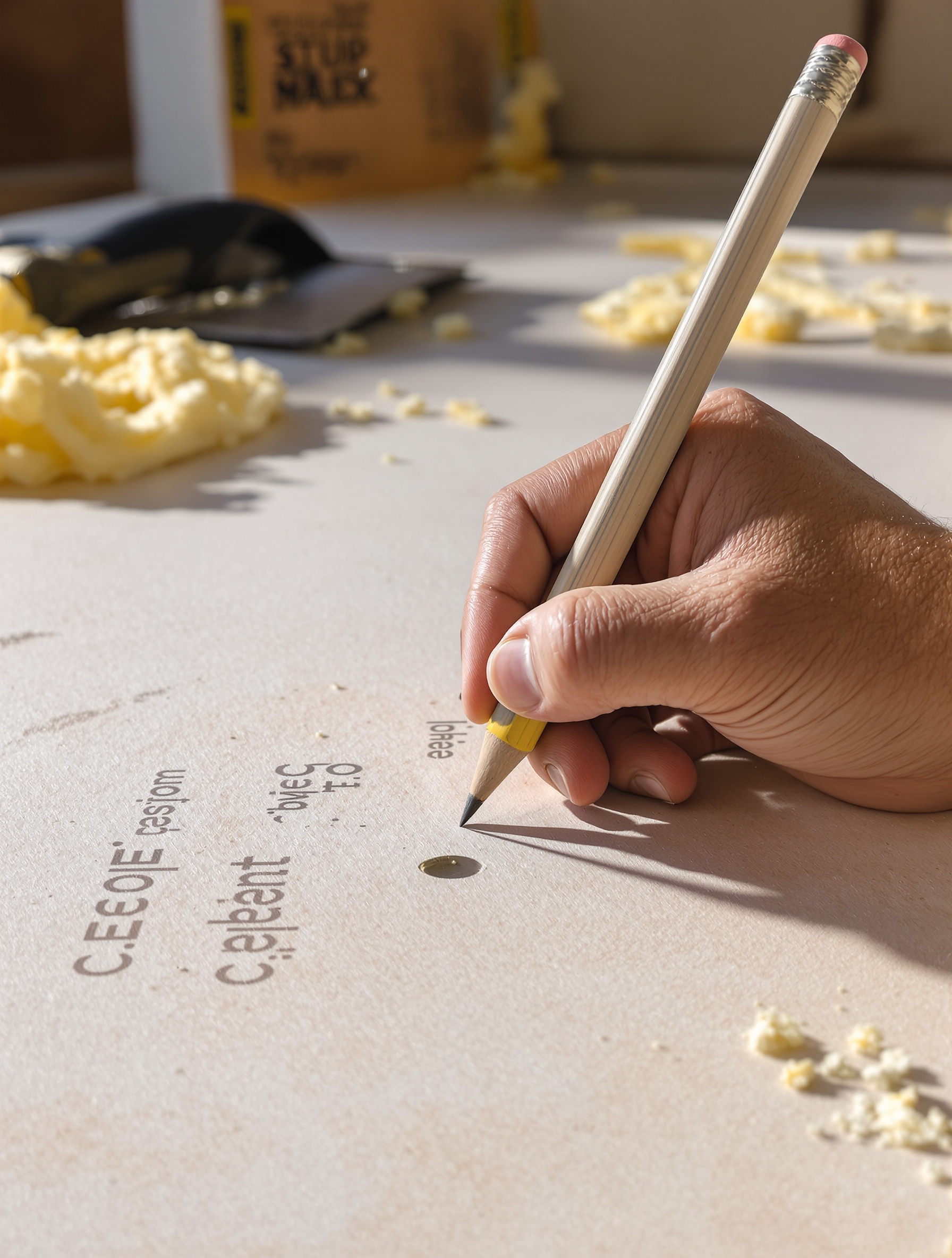 Marquage précis des montants sur plaque de plâtre avant vissage – main crayon chantier