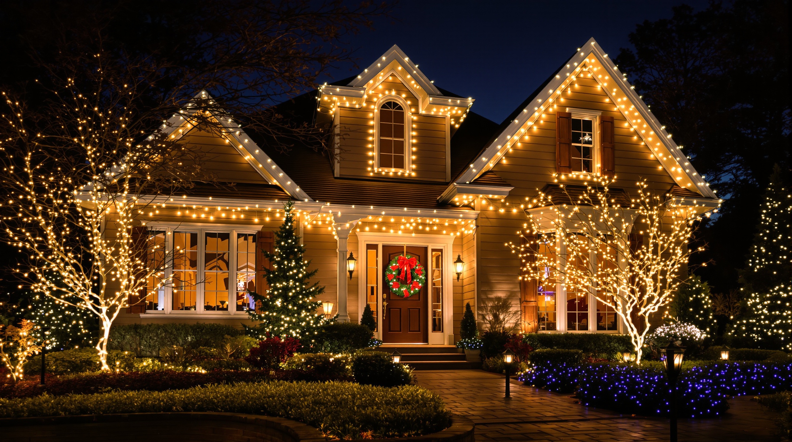 Maison extérieure illuminée Noël guirlandes lumineuses ambiance féerique