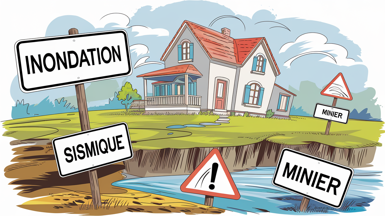 Maison posée sur un terrain à risques naturels, style cartoon, avec panneaux d'avertissement 'inondation', 'sismique', 'minier'