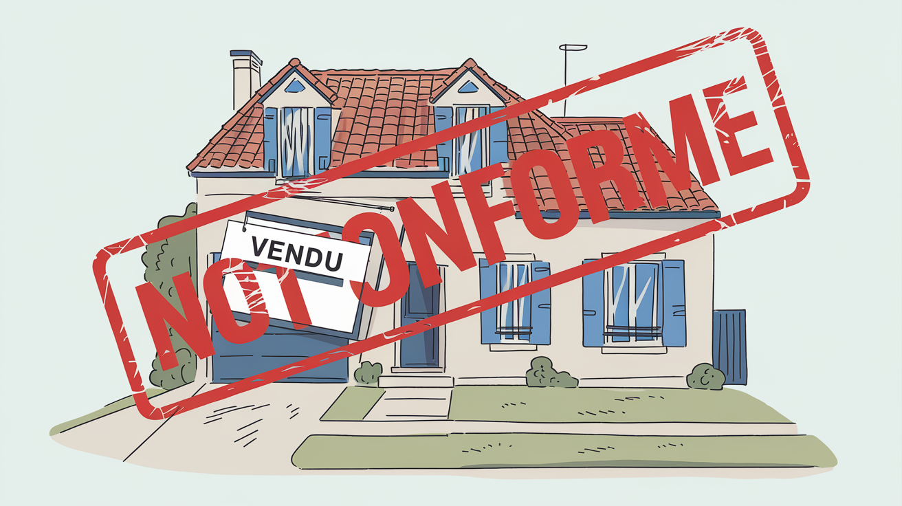 Maison avec panneau 'Vendu' barré par un tampon 'Non conforme', humour noir immobilier