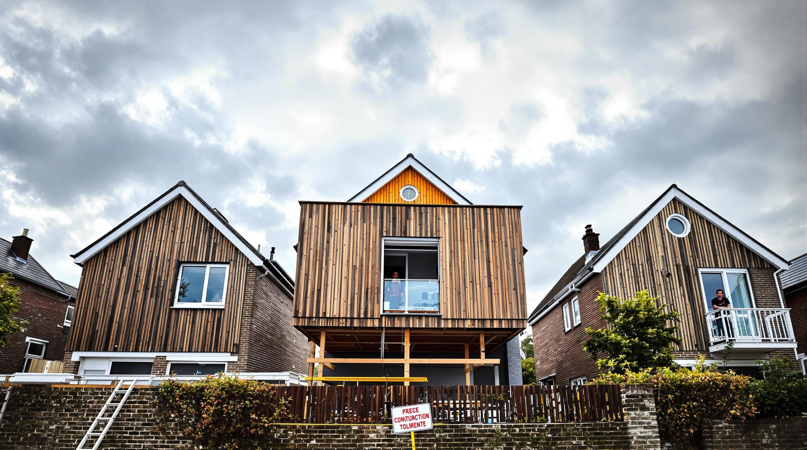 Maisons surélevées avec un voisin grincheux et un panneau de chantier visible