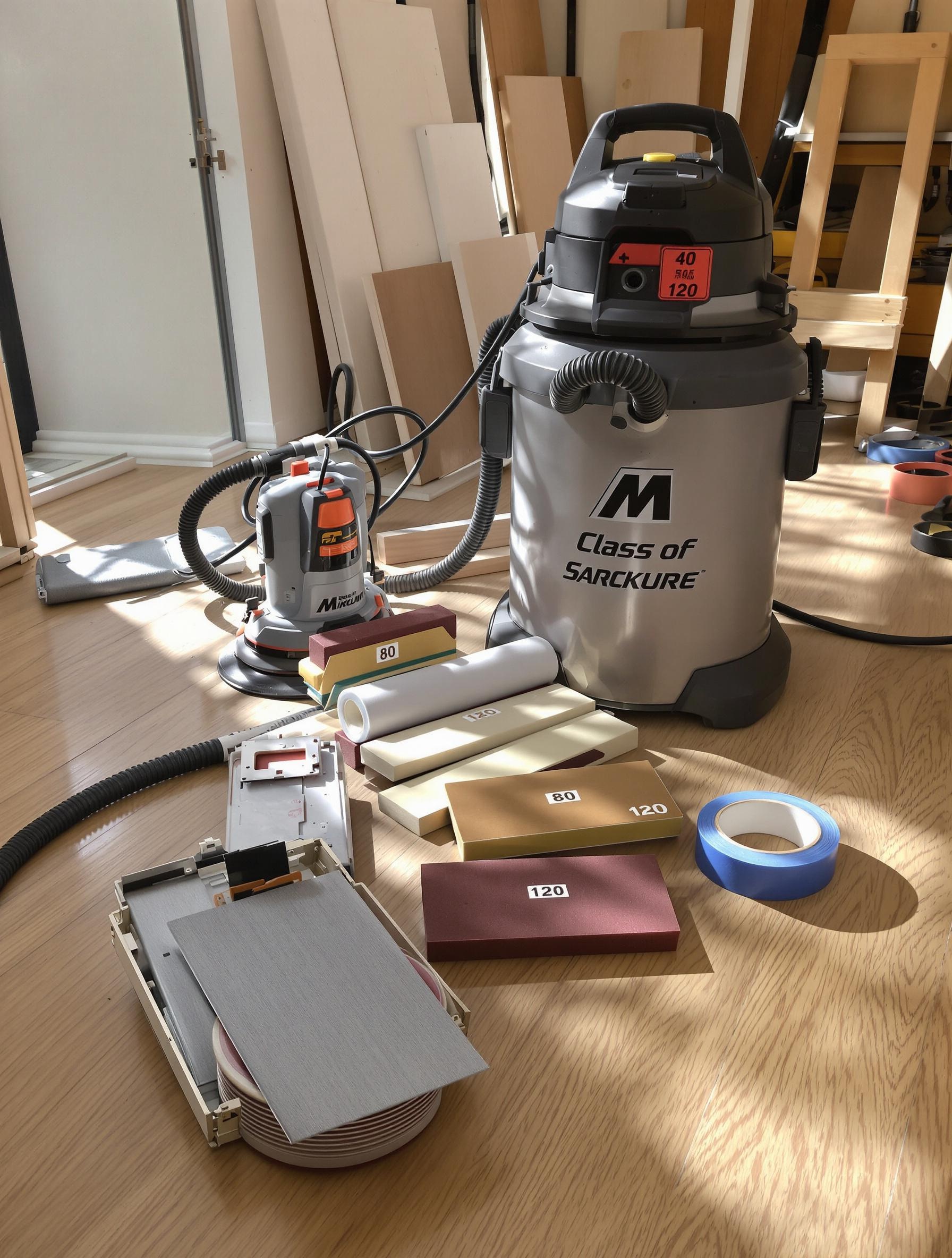 Ensemble matériel ponçage parquet posé au sol avec ponceuse bande, abrasifs 40 80 120, aspirateur classe M et ruban bleu