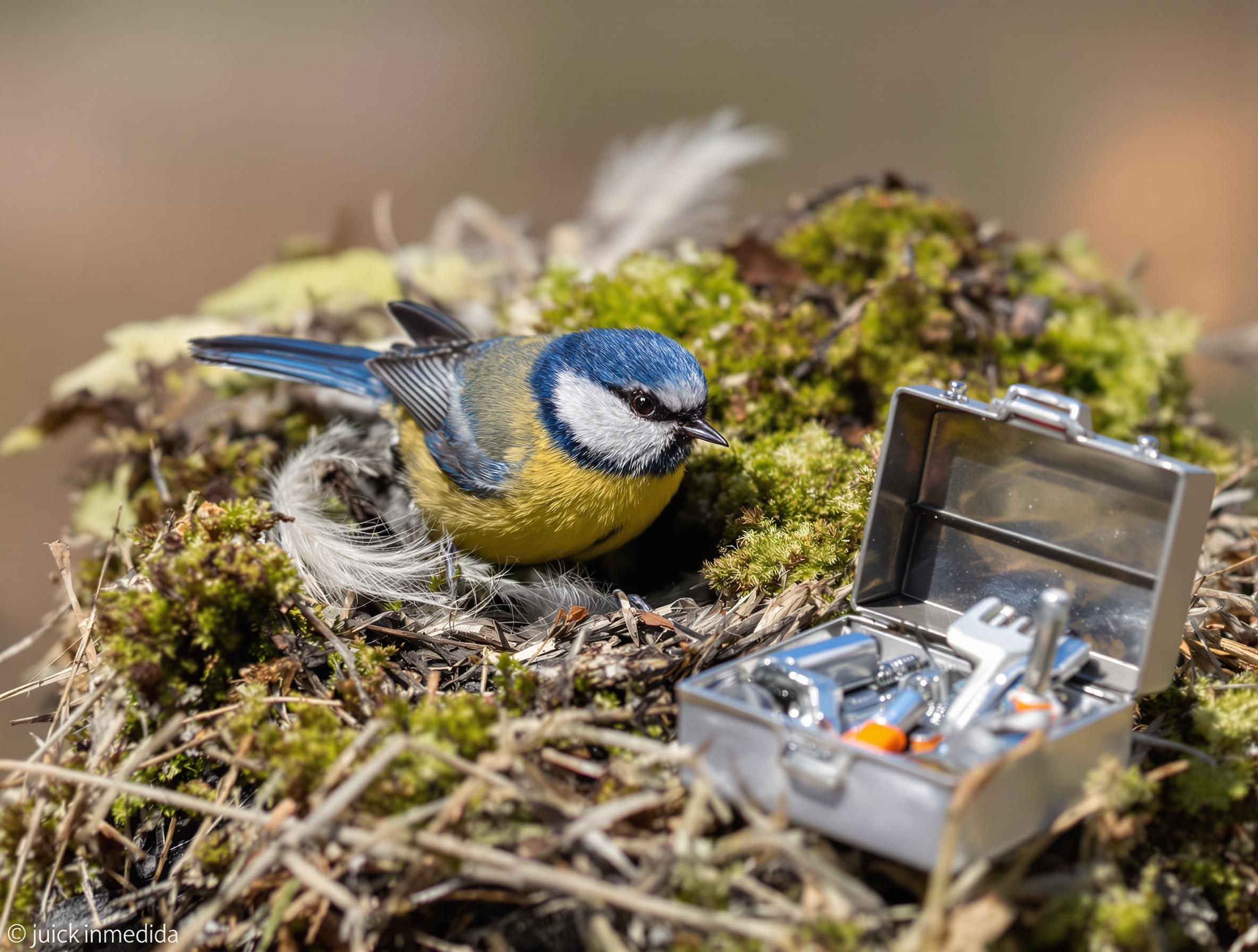 Mésange bleue tapissant son nid façon chantier d’isolation bricolé