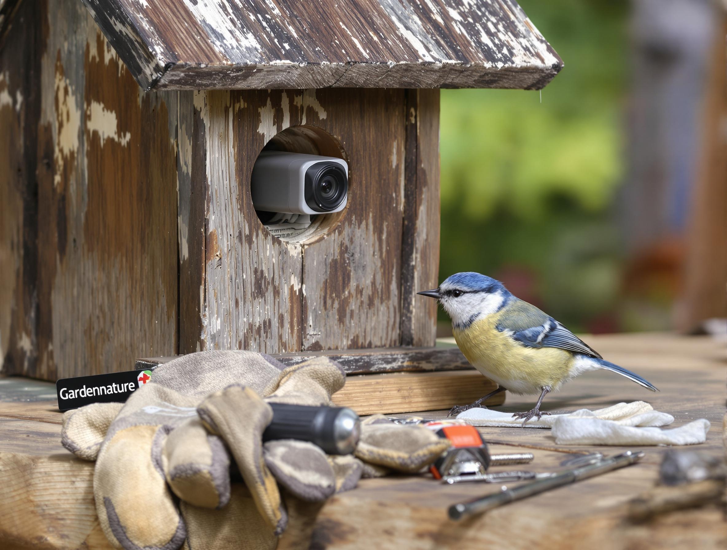 Mésange inspectant un nichoir usagé, tournevis et gants de chantier posés devant. Ambiance bricolage, caméra nichoir Gardenature visible sur le côté.