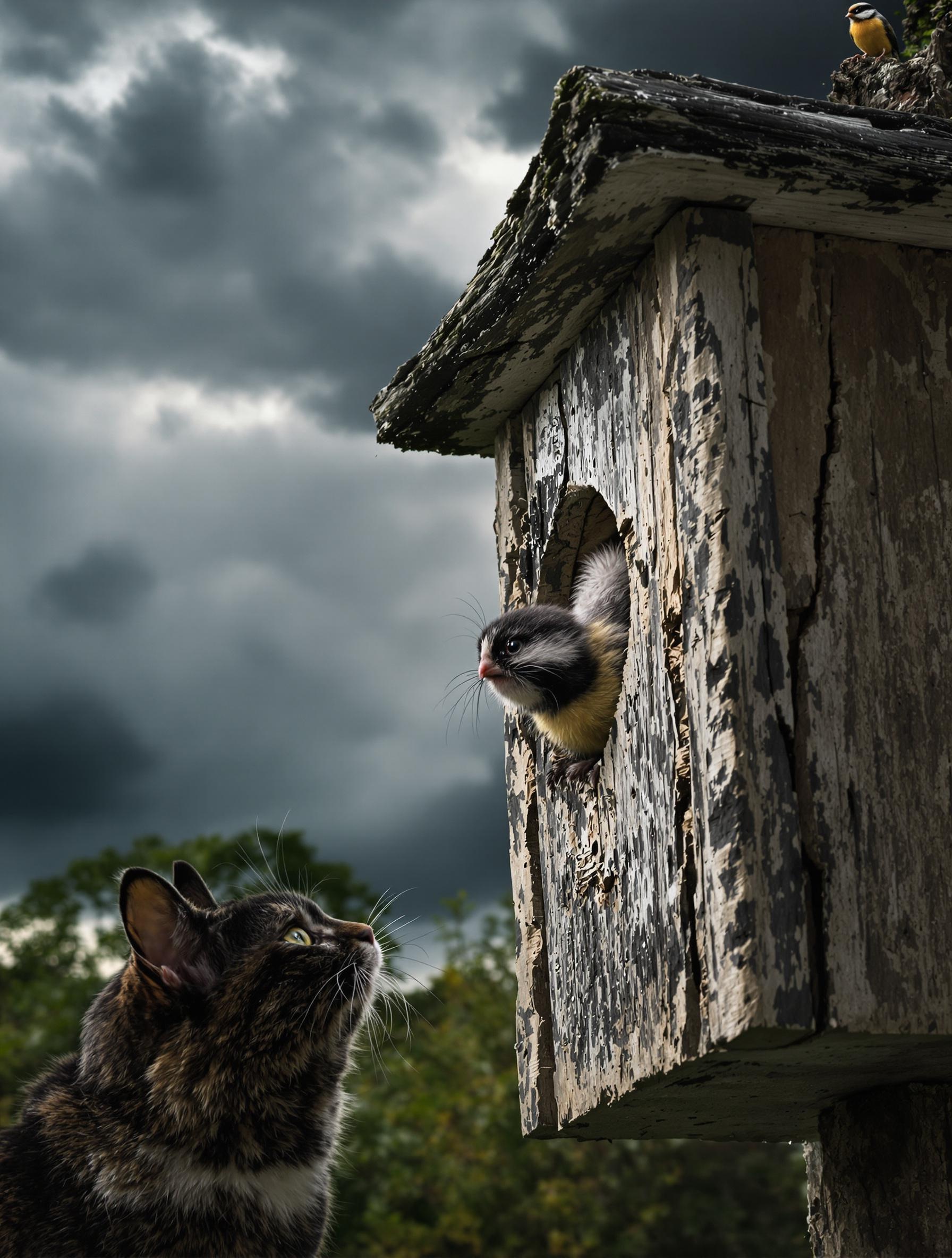 Jeune mésange charbonnière s'échappant d'un nichoir sous l'œil d'un chat, Roitelet huppé observateur.