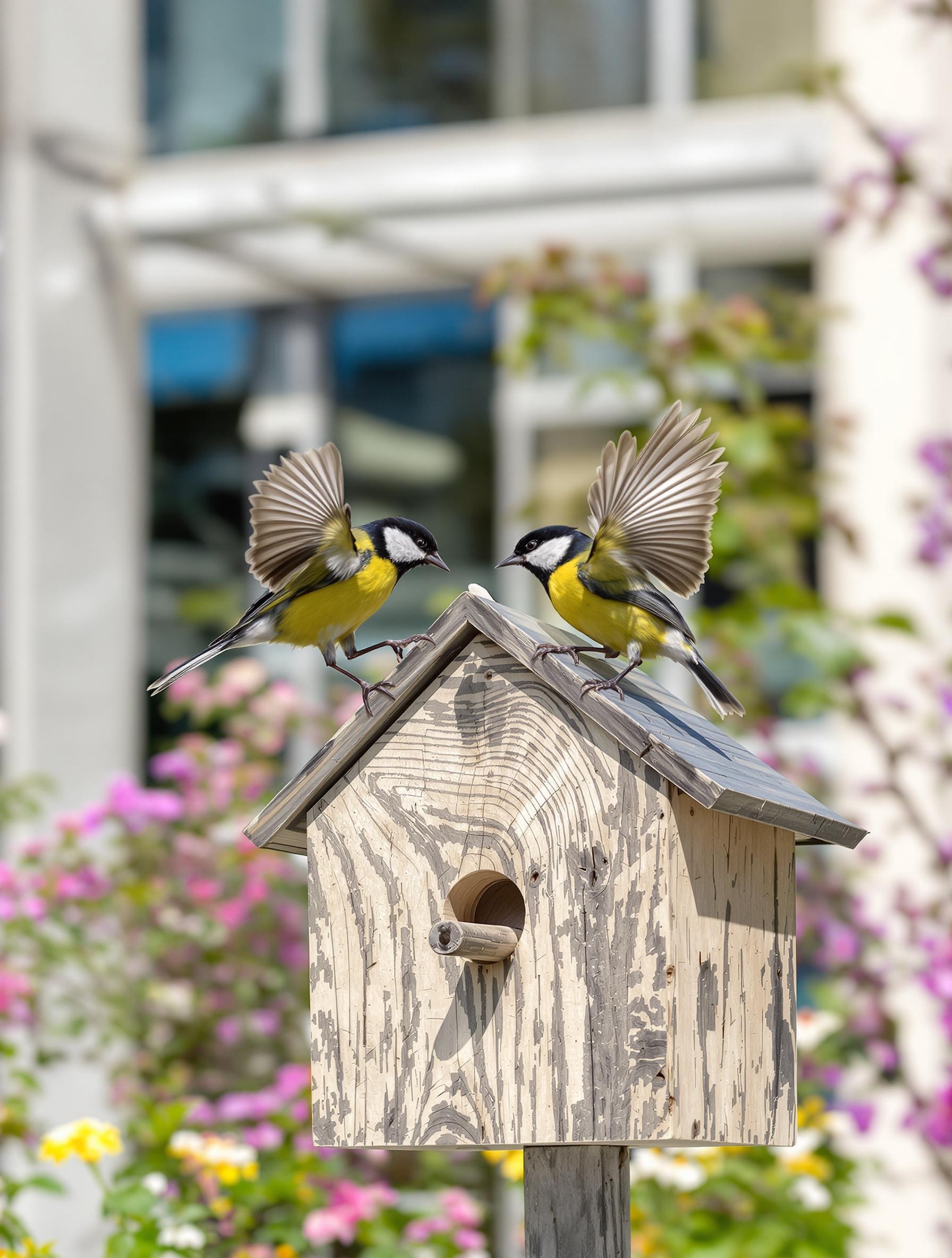 Deux mésanges charbonnières disputant un nichoir en bois, avec un immeuble en arrière-plan.