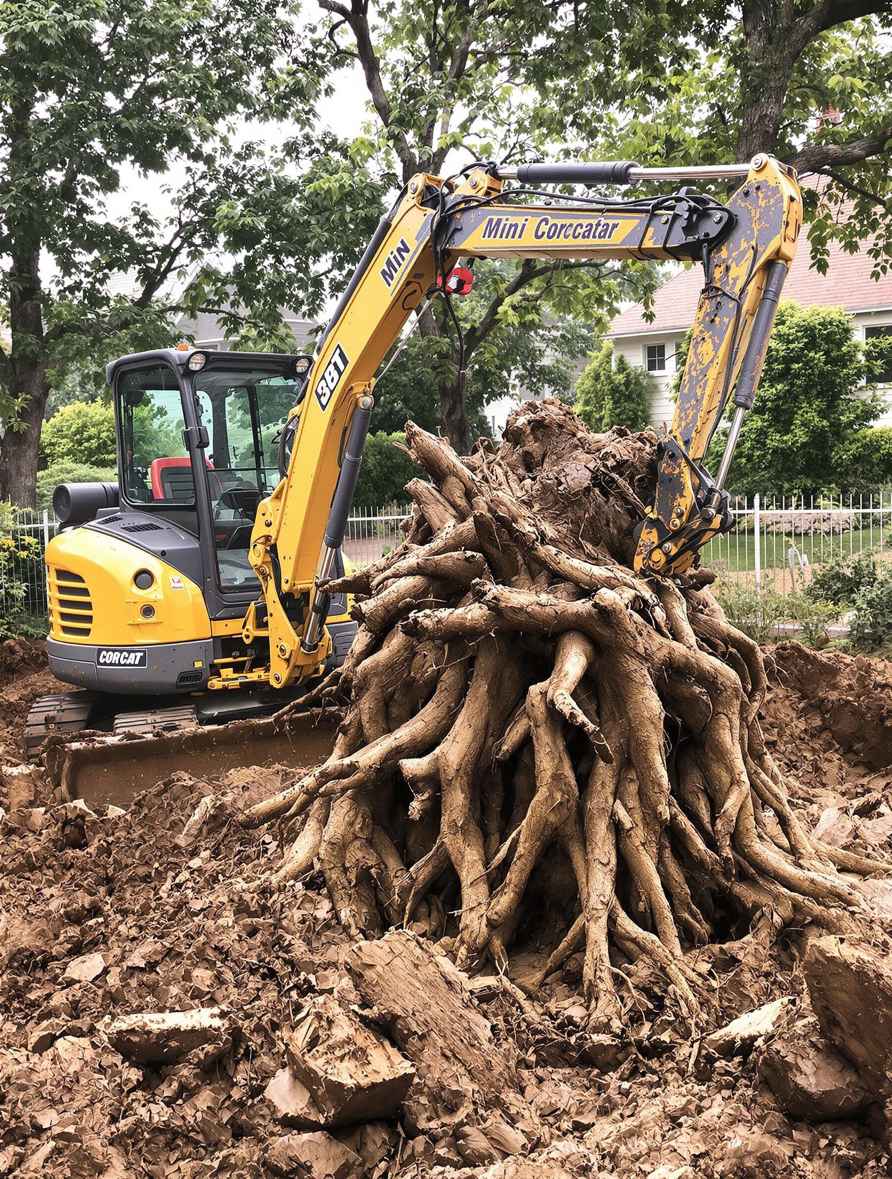 mini-pelle dessouchage racine chantier boueux