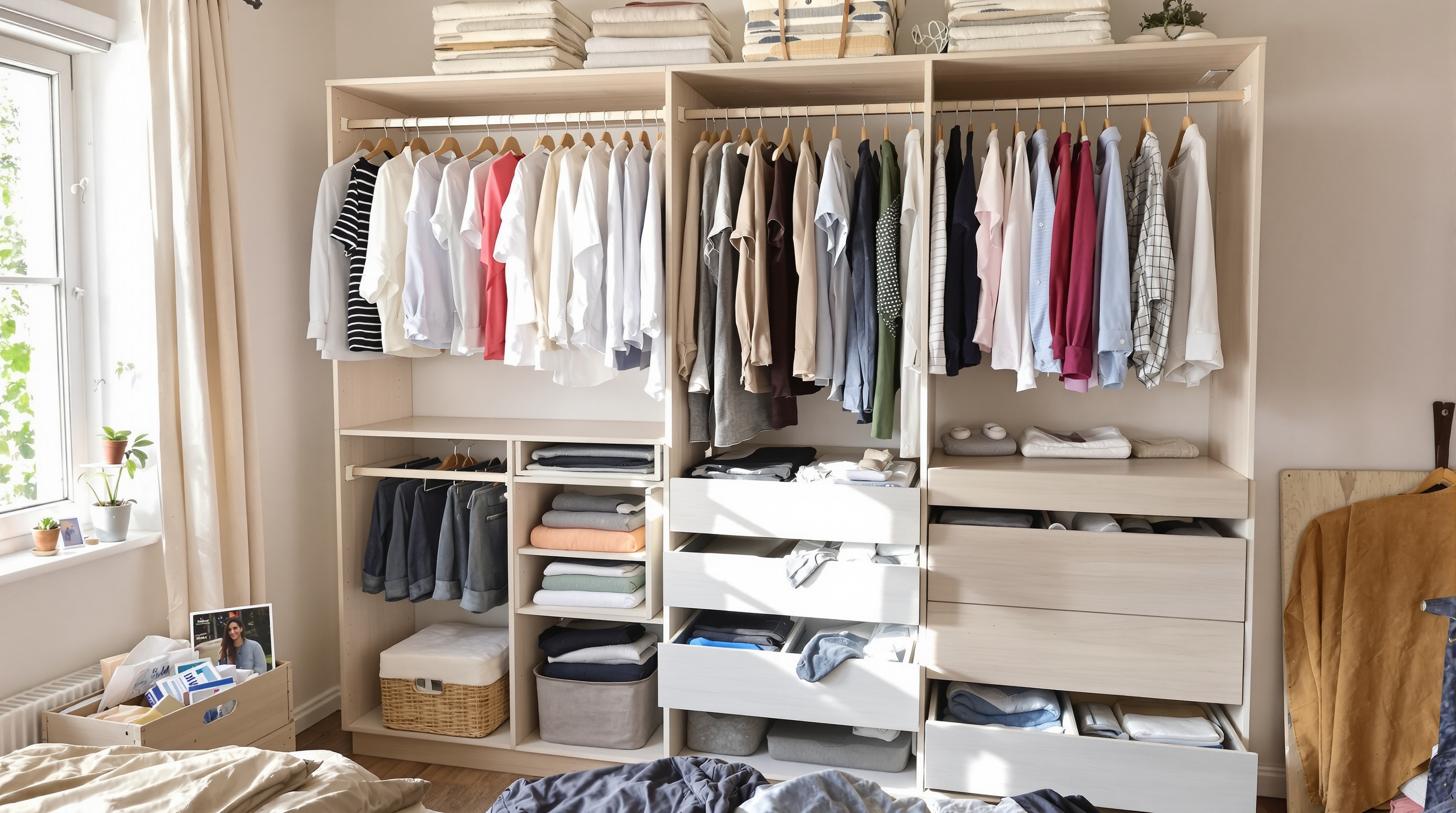 Différents types de mobiliers pour dressing dans une chambre : penderies doubles, étagères pleines et tiroirs ouverts