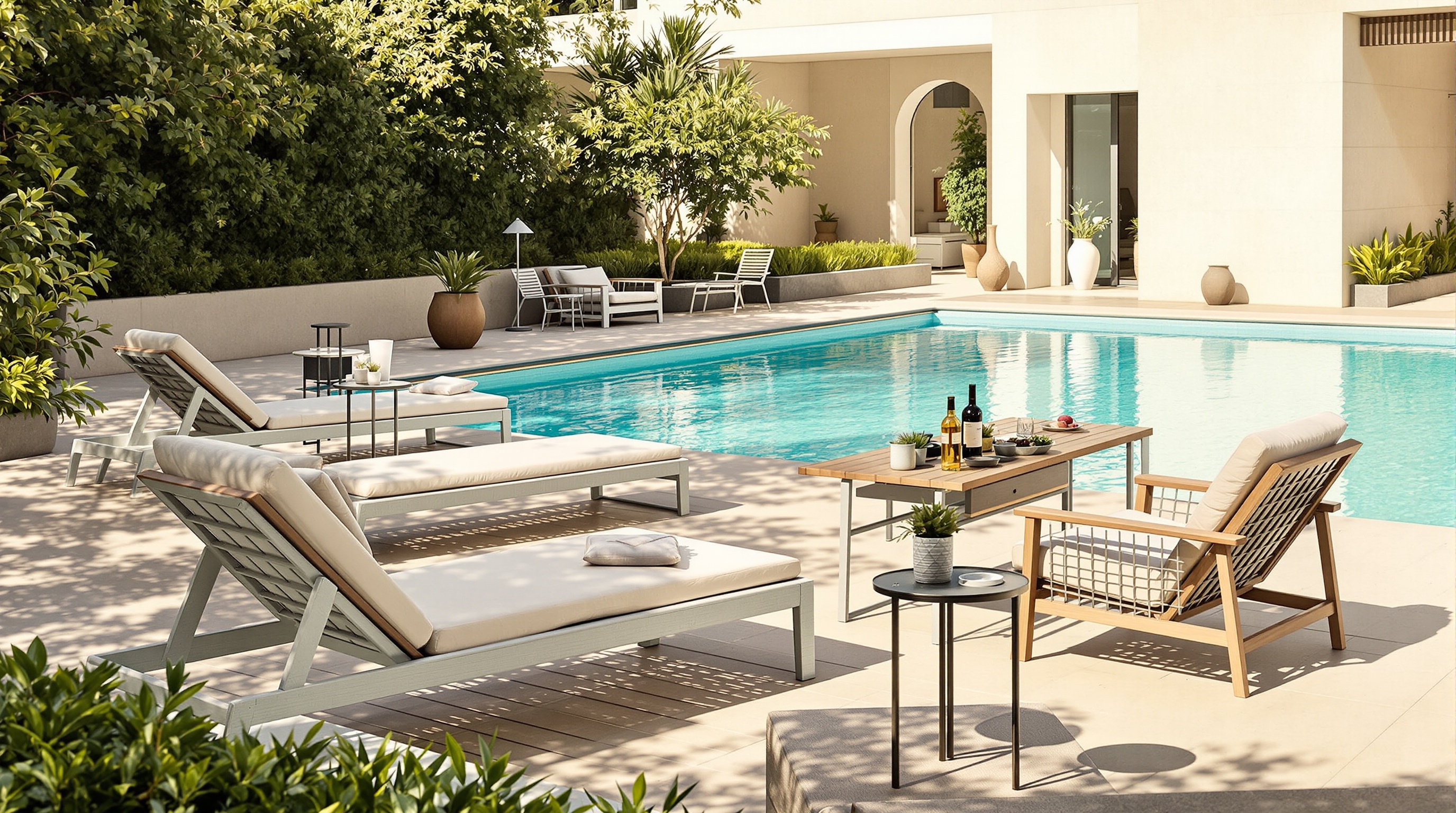 Un agencement de mobilier de jardin autour d'une piscine, mettant en avant le confort et la praticité.