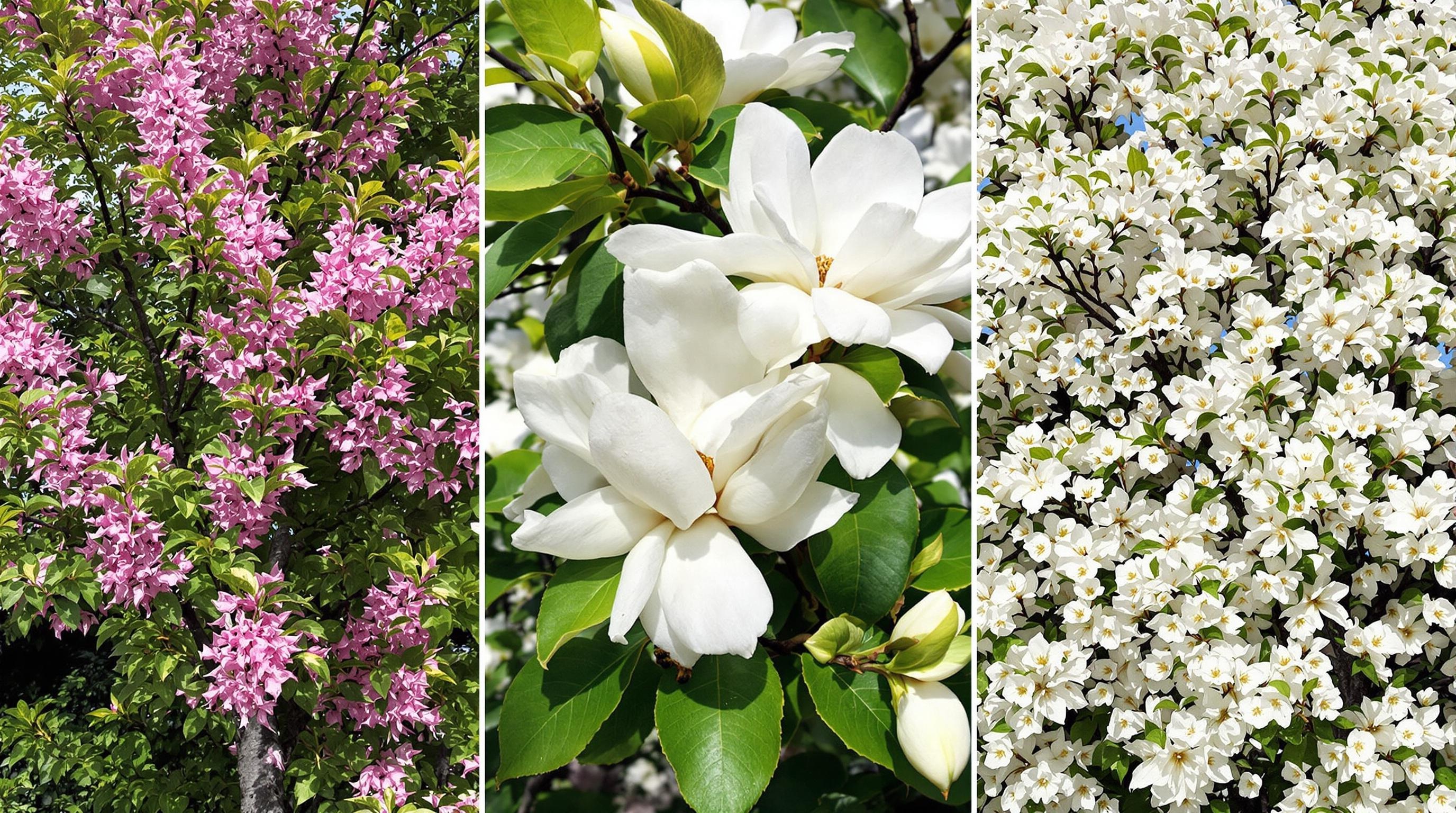 Montage de trois alternatives (Albizia en fleur, Magnolia stellata, Amelanchier) illustrant l’abondance florale sans gousses gênantes.
