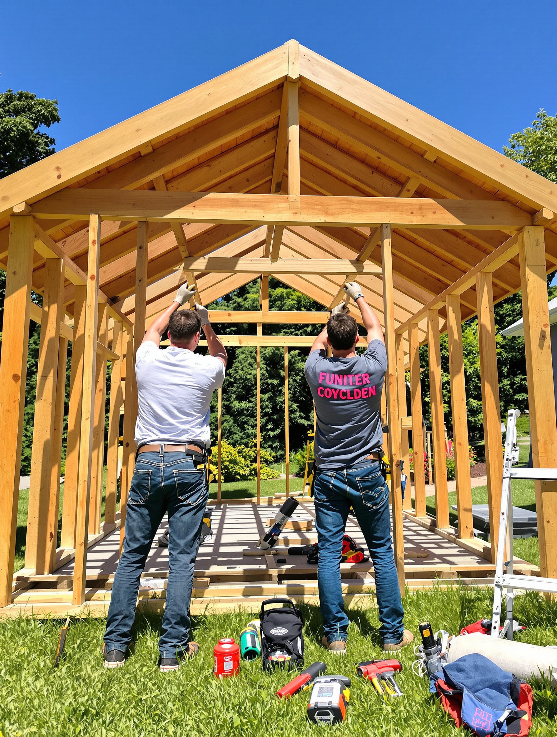 Deux personnes montent un abri de jardin en bois sous le soleil avec outils bien rangés.