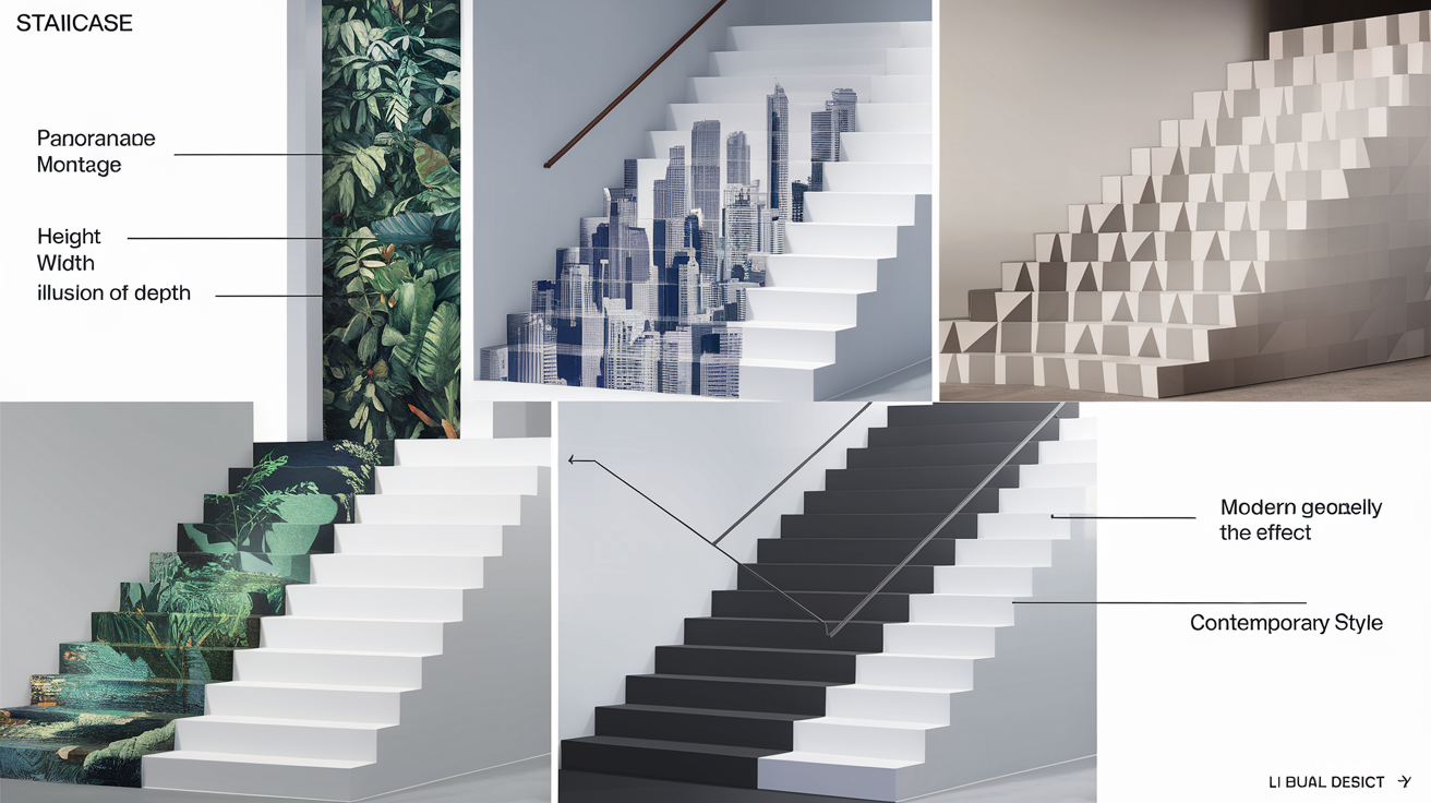 Exemples de motifs de papiers peints panoramiques adaptés à une cage d'escalier.