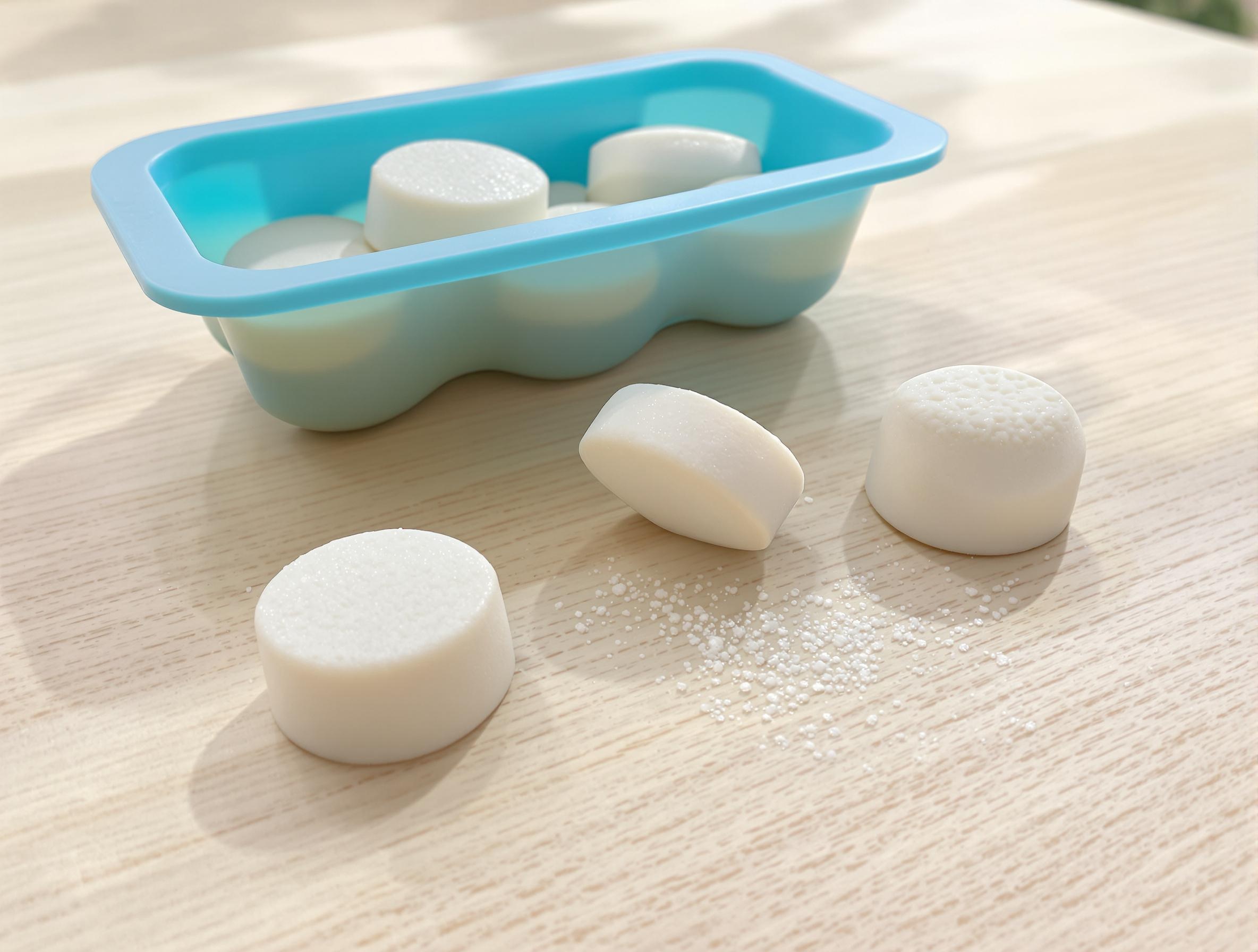 Pastilles WC DIY moulées maison sur un plan en bois clair.