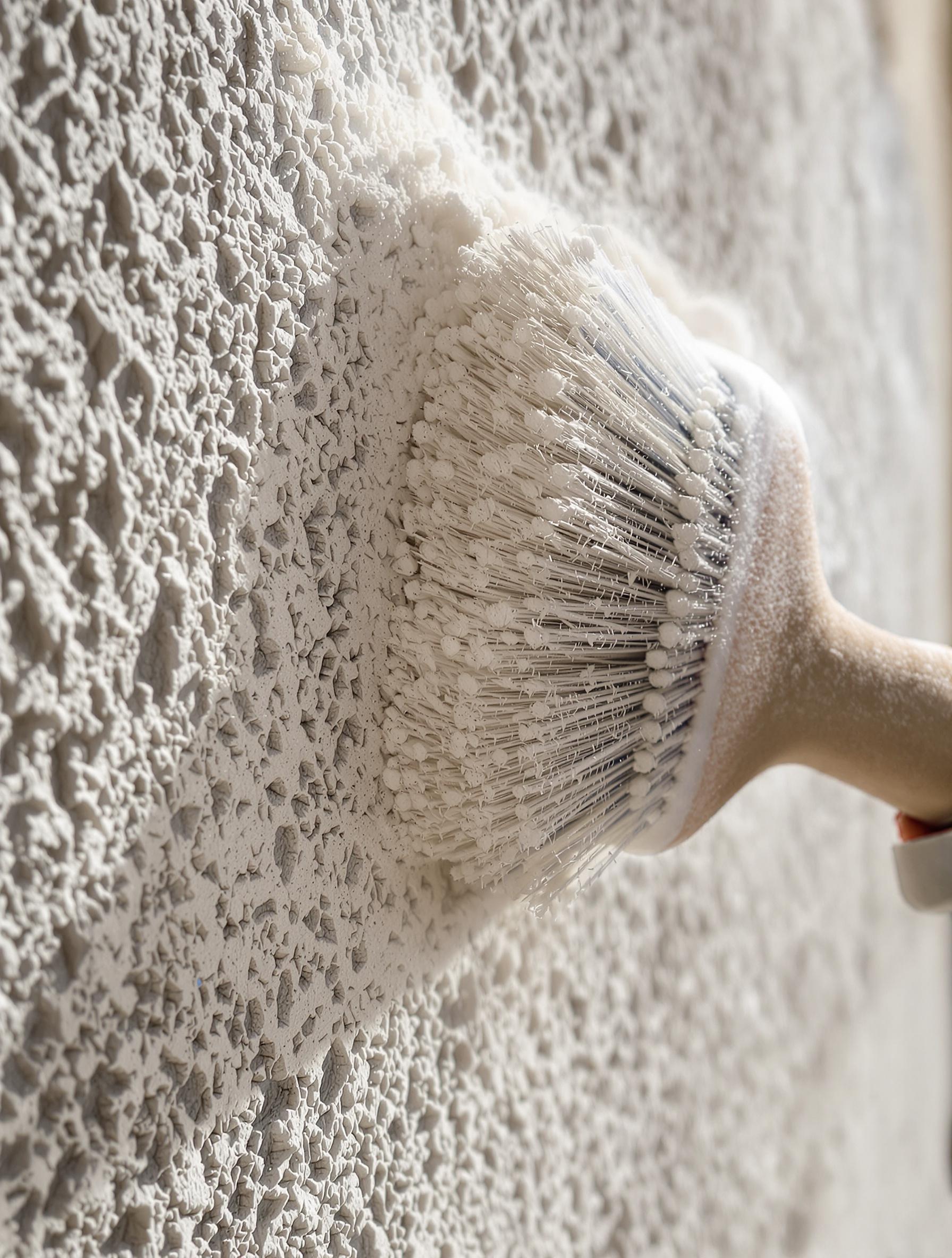Vue rapprochée d’un mur efflorescent en cours de brossage intense, poussière blanche visible