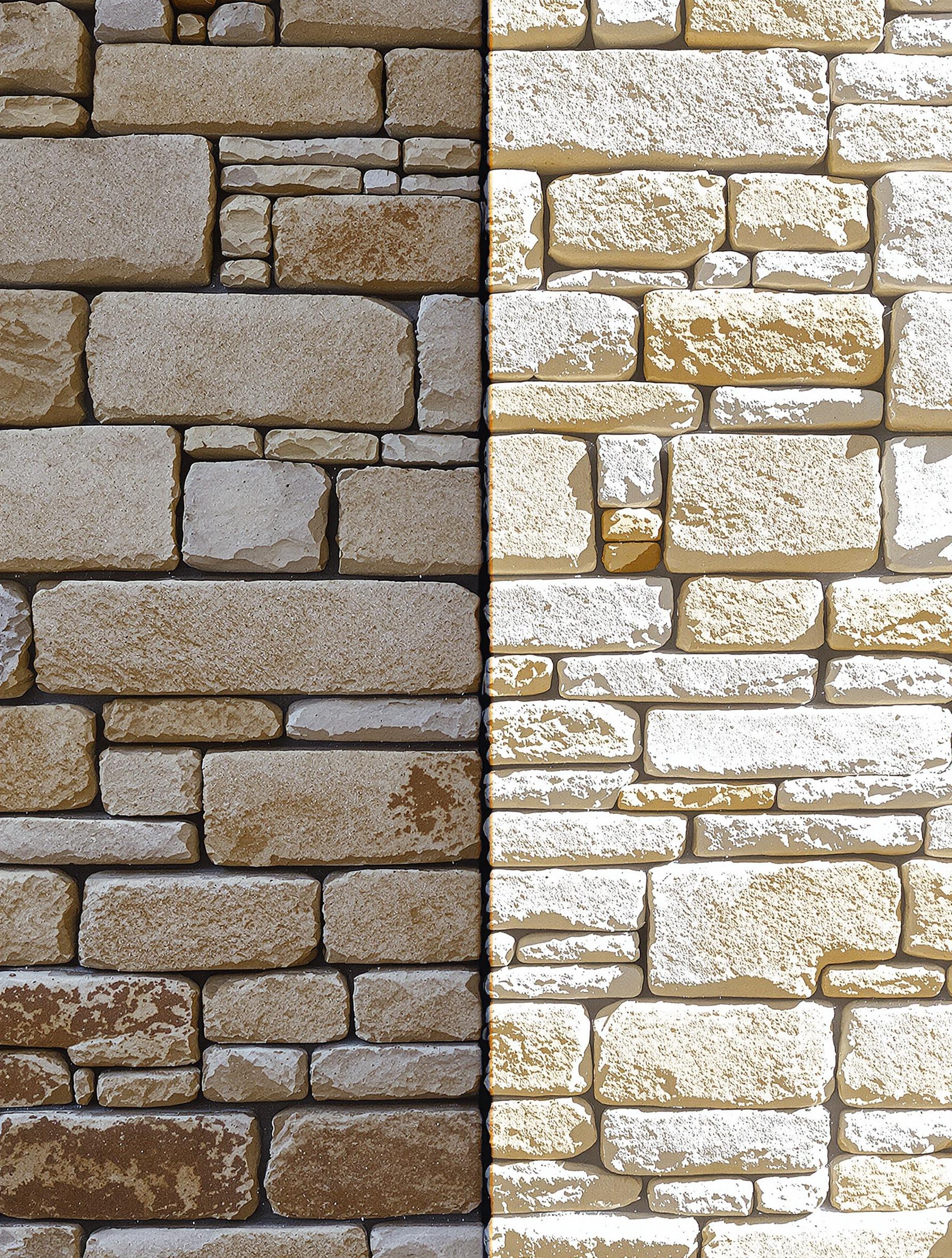 Mur en pierre moitié saine moitié dégradée condensation mildiou