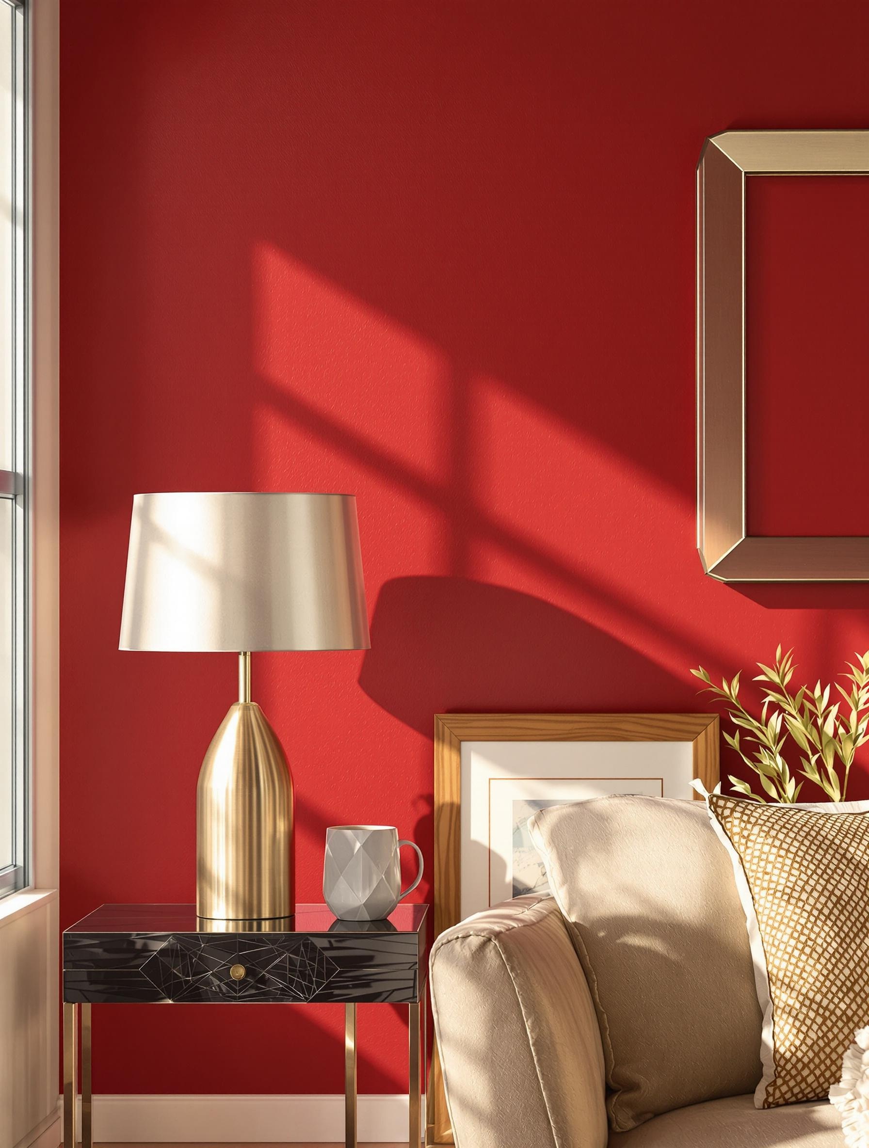 Mur rouge foncé avec éléments beiges et métal brossé