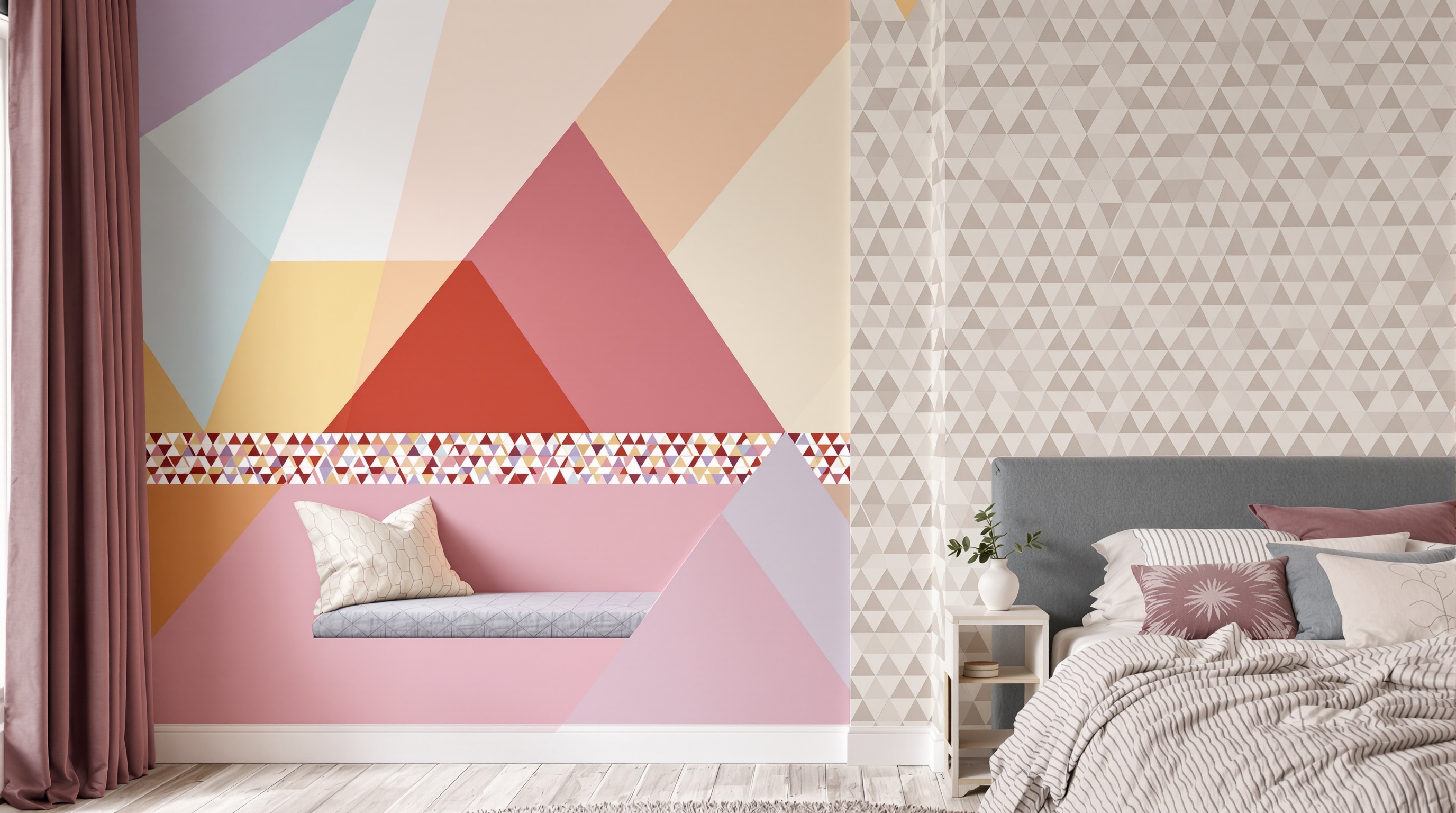 Inspiration murale avec triangles grands formats, motifs répétitifs et trompe-l'œil