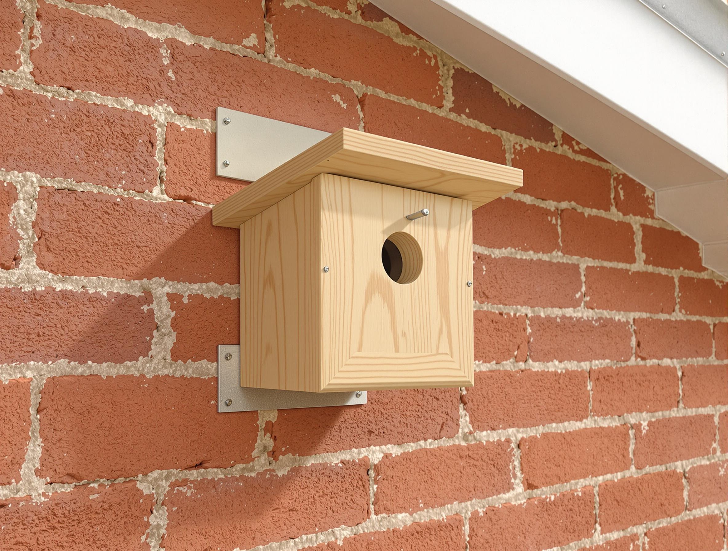 Nichoir en pin non traité, trou 28 mm, fixé sur mur en brique avec entretoise pour la ventilation