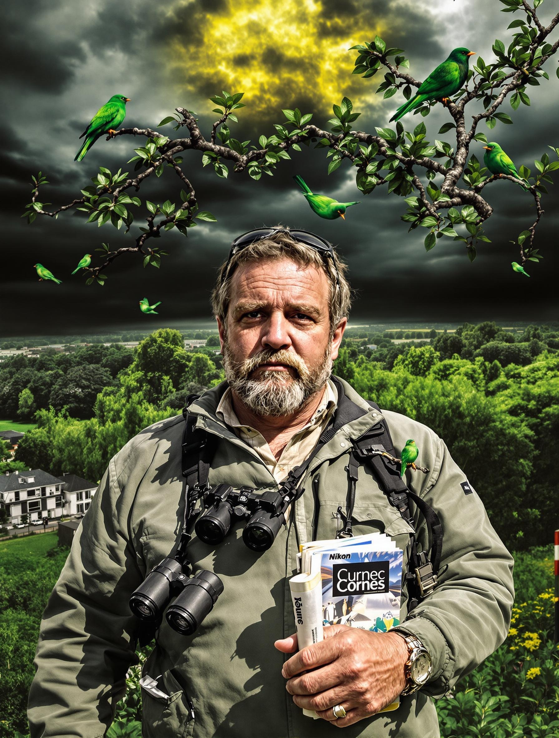 Observateur équipé devant une forêt et un parc urbain, entouré d’oiseaux verts.