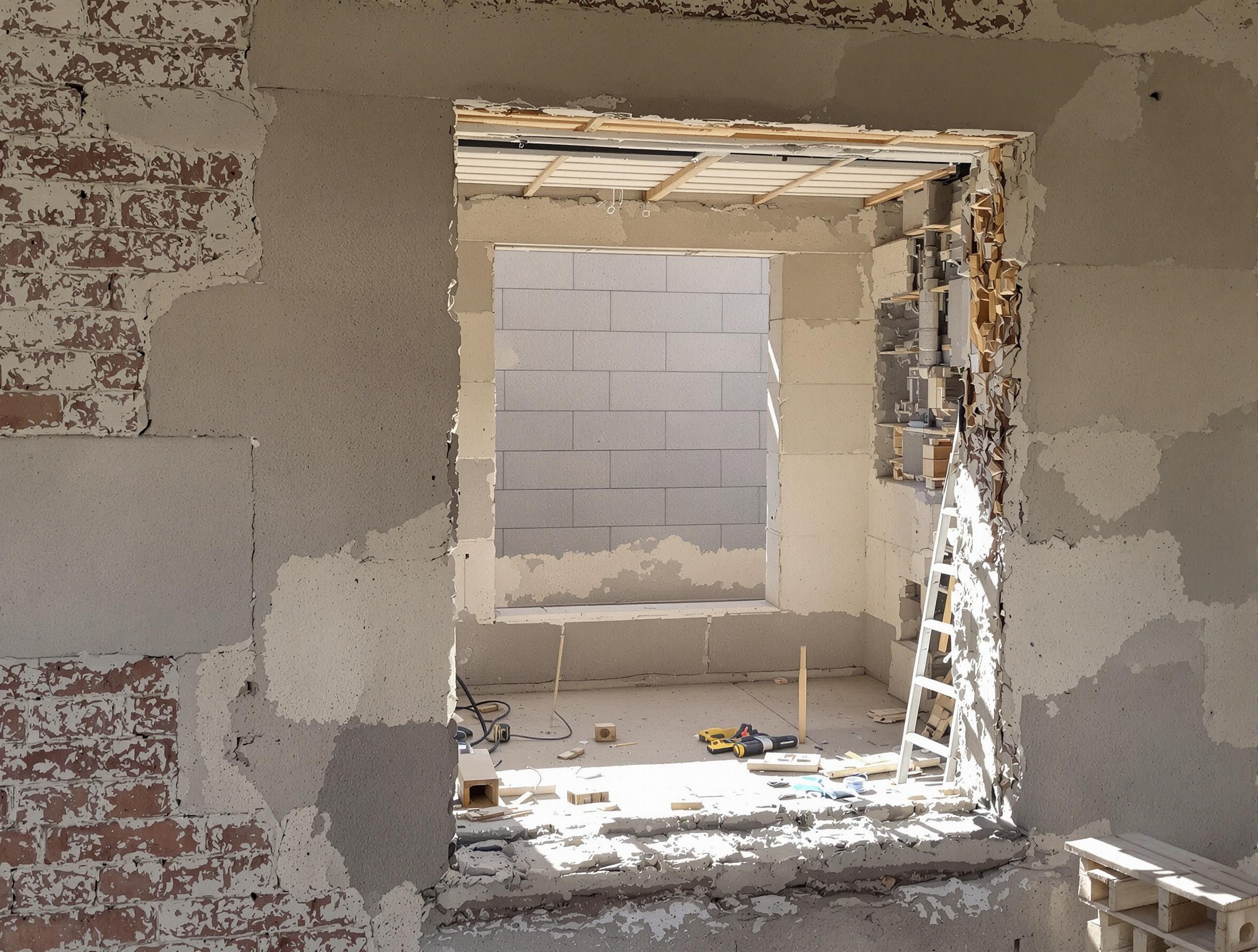 Ouverture brute sur un chantier de construction neuve, prête pour une menuiserie.