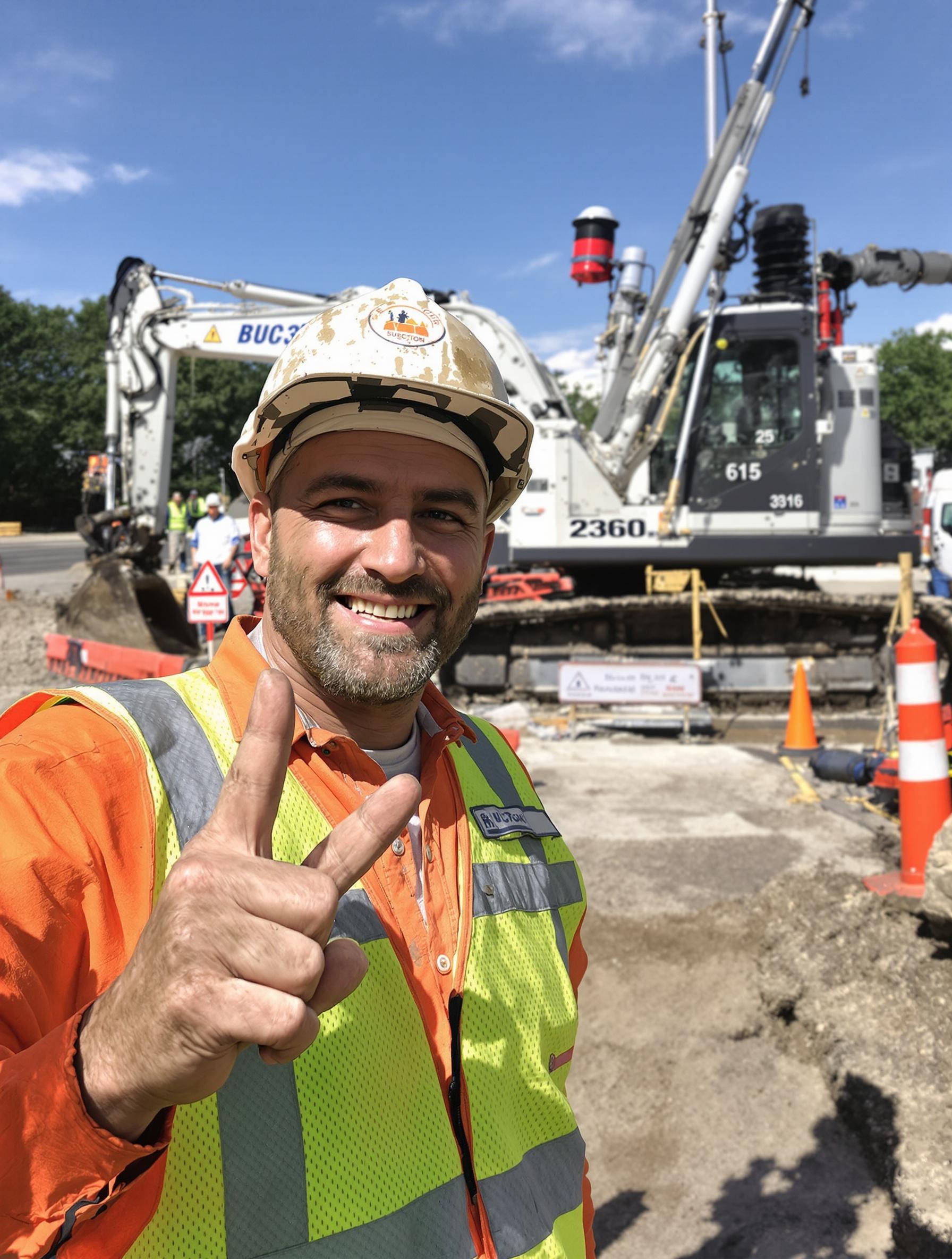 Ouvrier content devant aspiratrice excavatrice sur chantier sécurisé