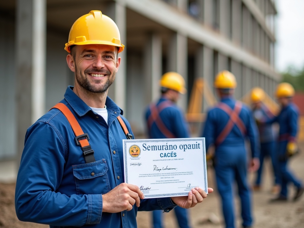 Ouvrier fier avec CACES en main devant ses collègues sur chantier sécurisé.